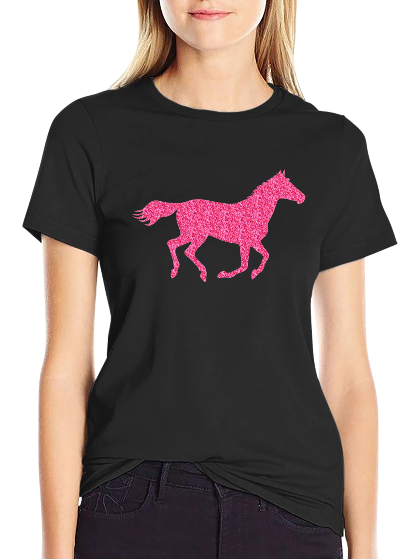 Black Black T-Shirt with Pink Horse Graphic view 2