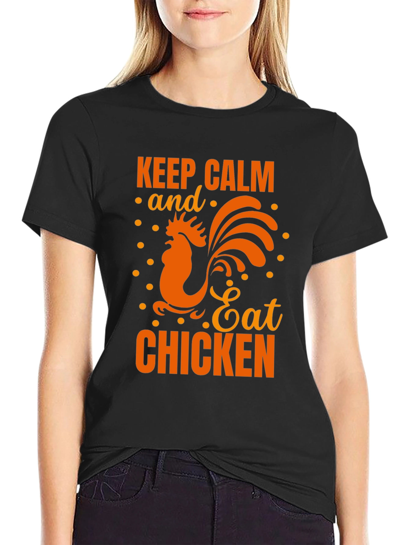 Black Keep Calm Eat Chicken Black Graphic T-Shirt view 2