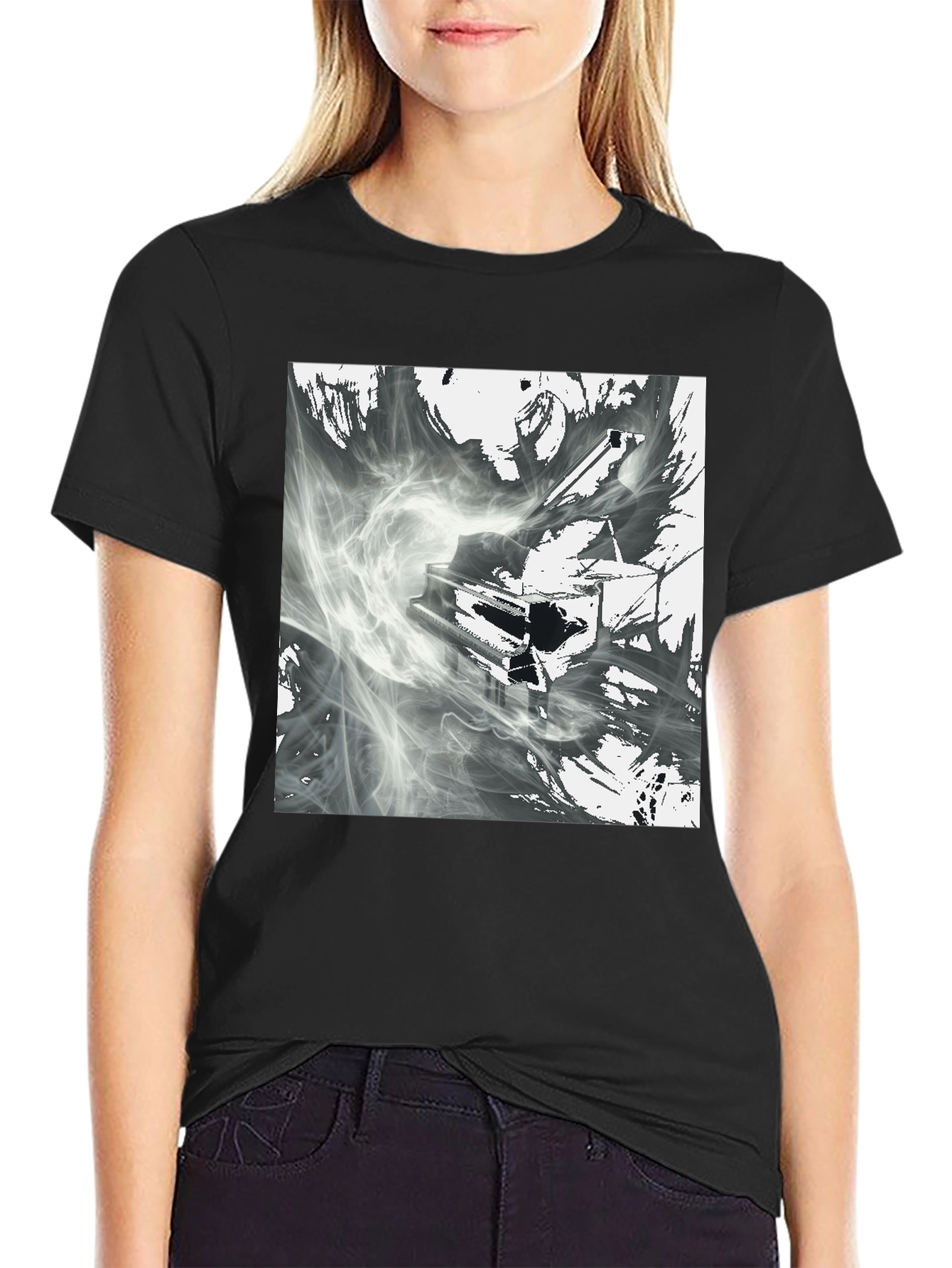Black Abstract Piano T-Shirt - Artistic Graphic Tee view 2