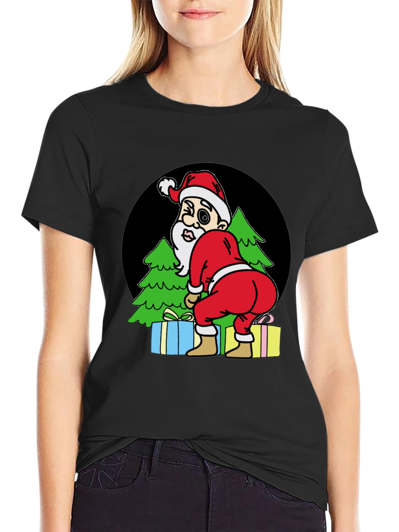 Black Funny Santa T-Shirt - Cheeky Christmas Tee view 2