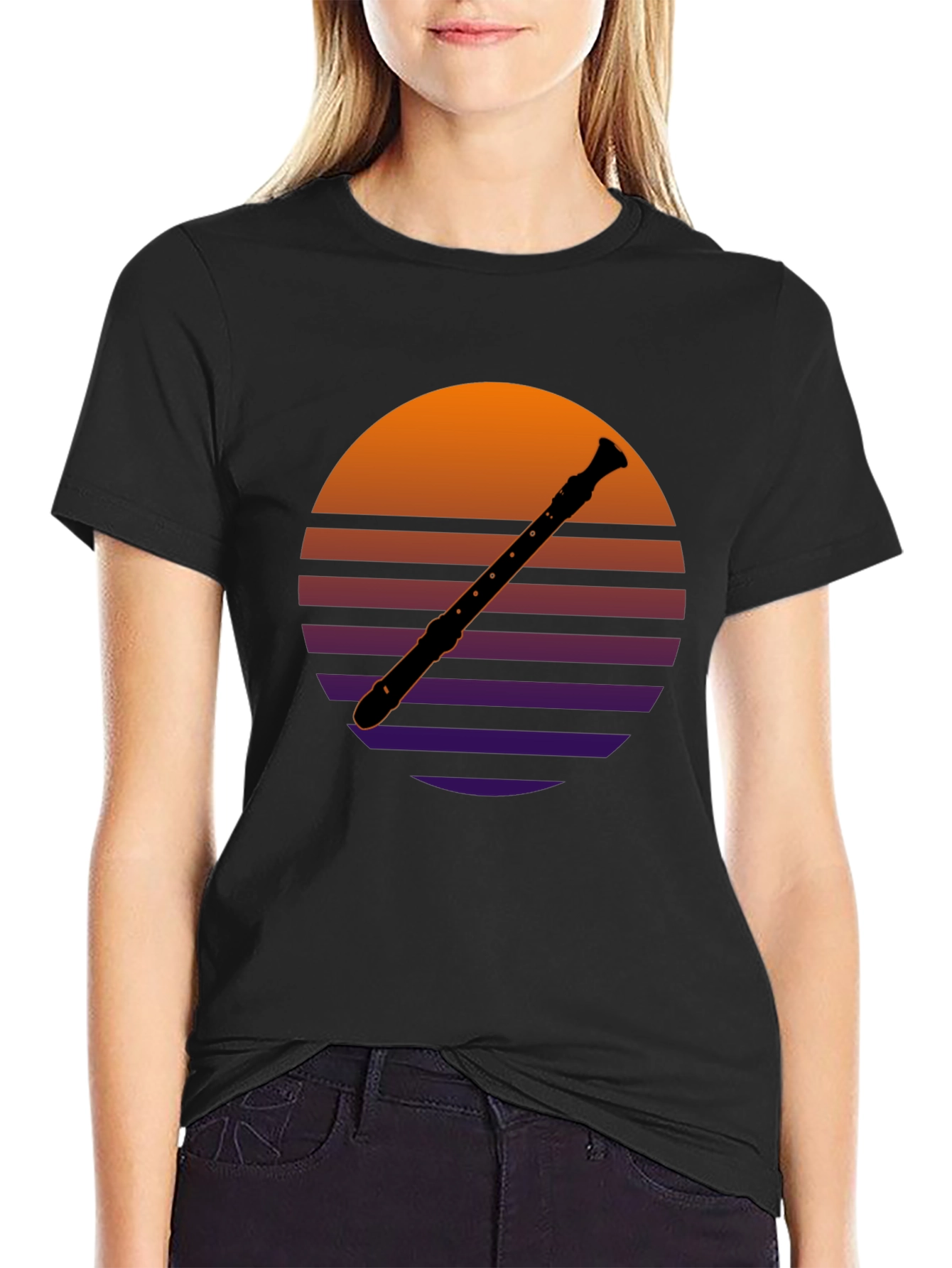 Black Retro Recorder T-Shirt - Vintage Sunset Design view 2