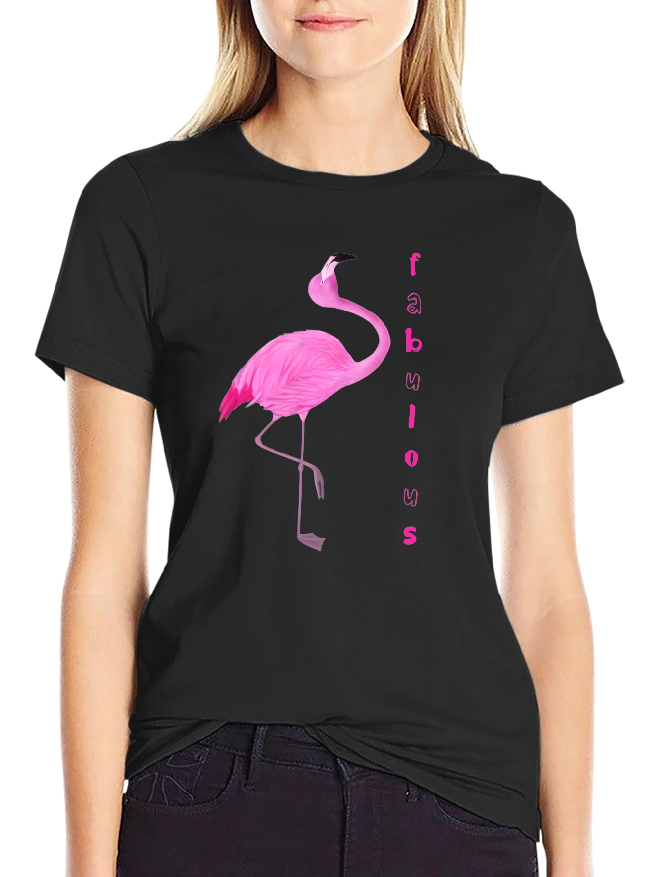 Black Fabulous Flamingo Graphic Tee - Black Cotton T-Shirt view 2