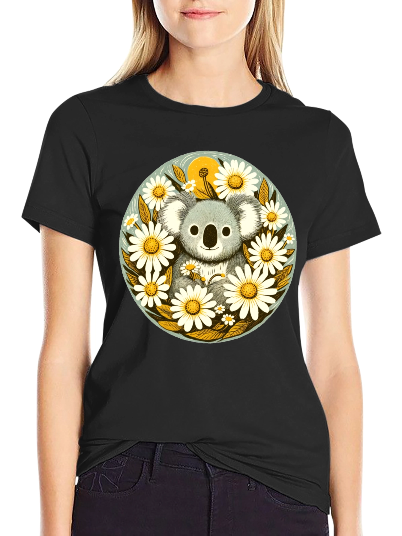Black Koala & Daisy Graphic Tee - Black Cotton T-Shirt view 2