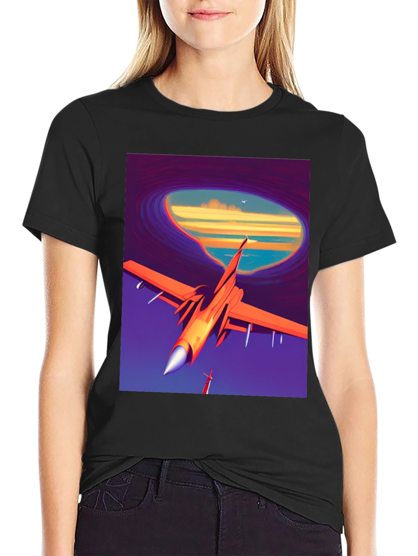 Black Retro Airplane T-Shirt - Artistic Aviation Tee view 2