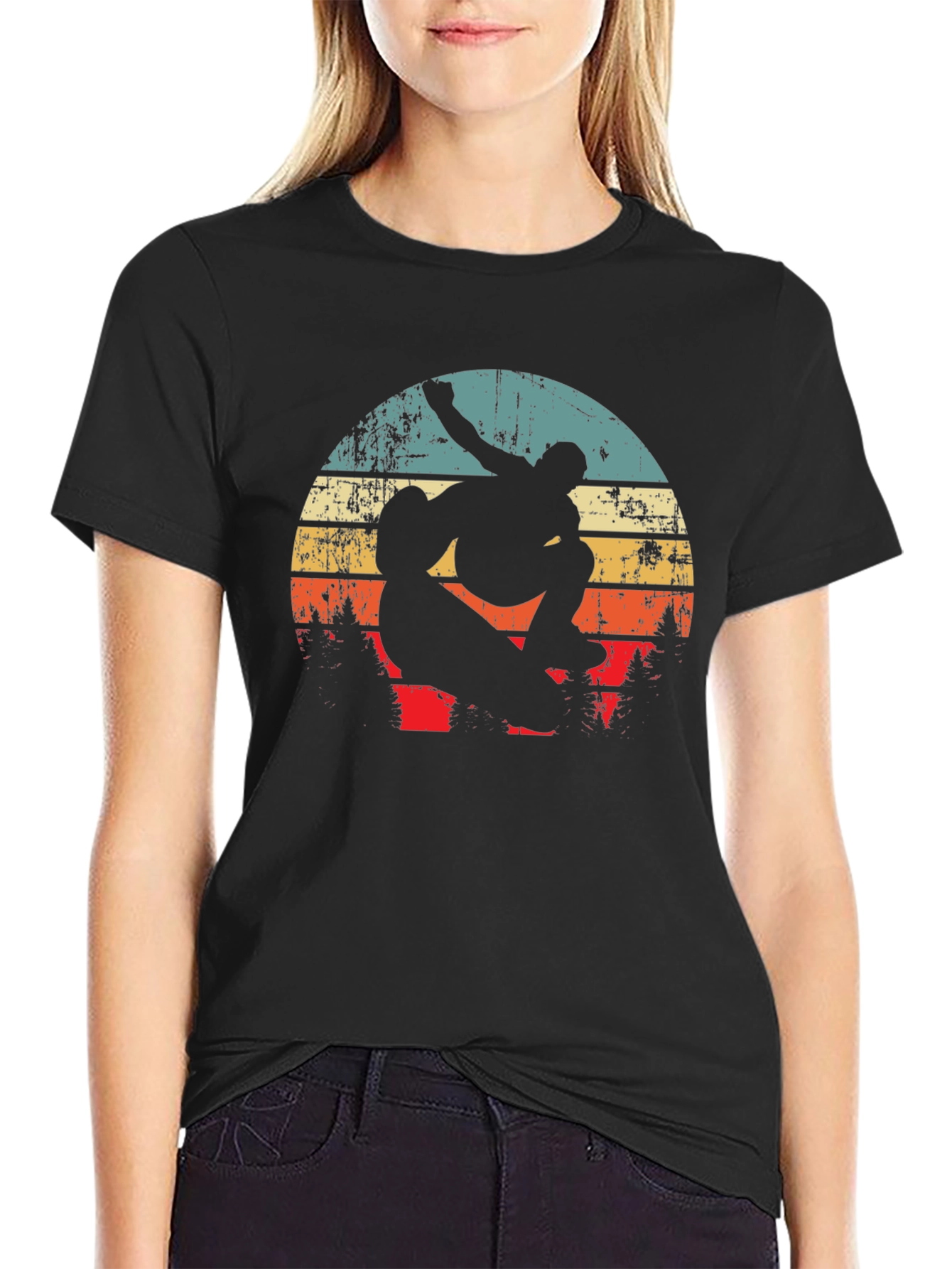 Black Retro Skateboarder Tee - Vintage Sunset Graphic view 2