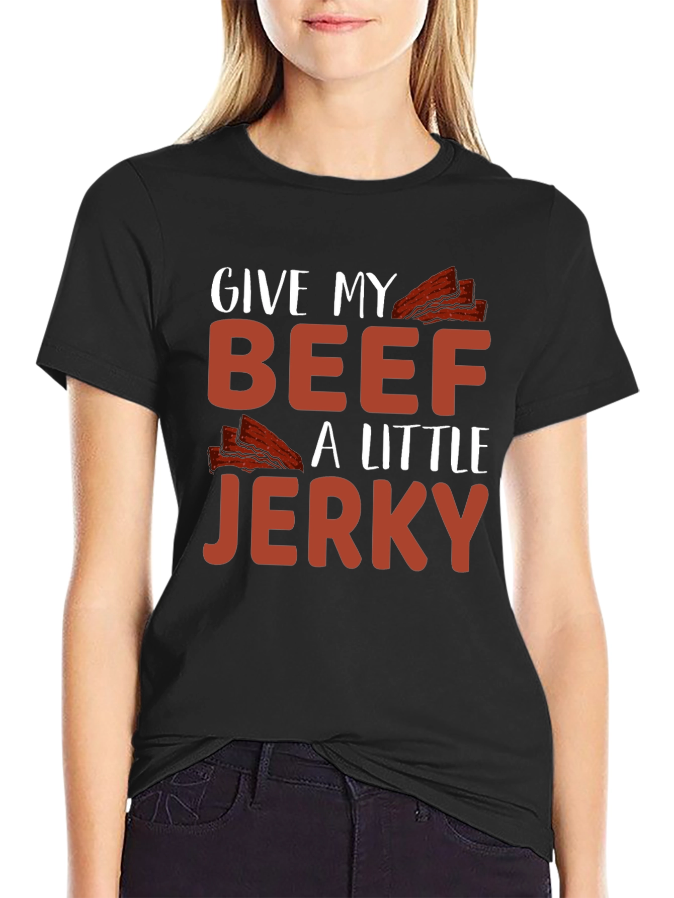 Black Funny Beef Jerky T-Shirt - "Give My Beef A Little Jerky" view 2