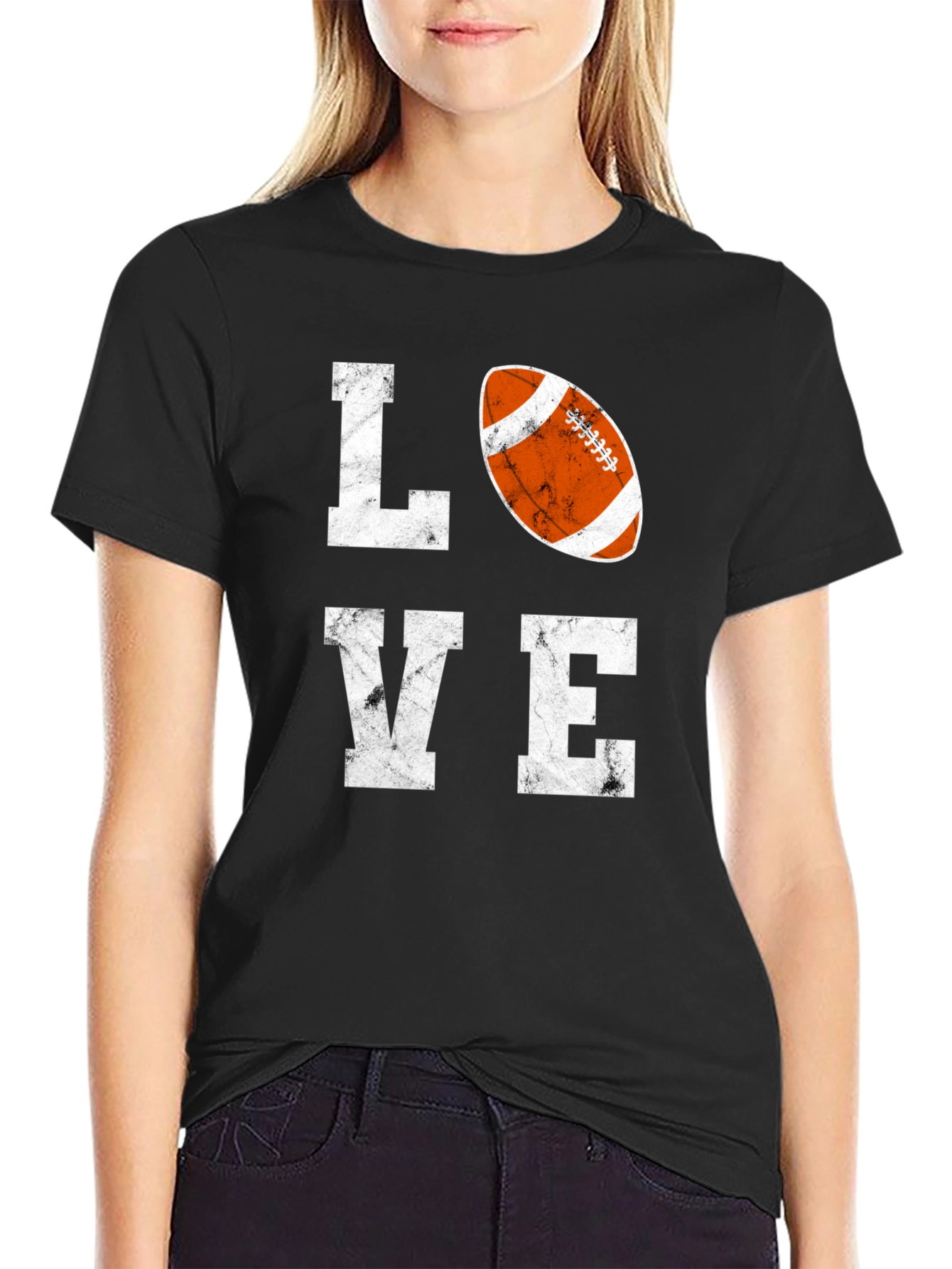 Black LOVE Football Graphic T-Shirt, Black Cotton Blend Tee view 2