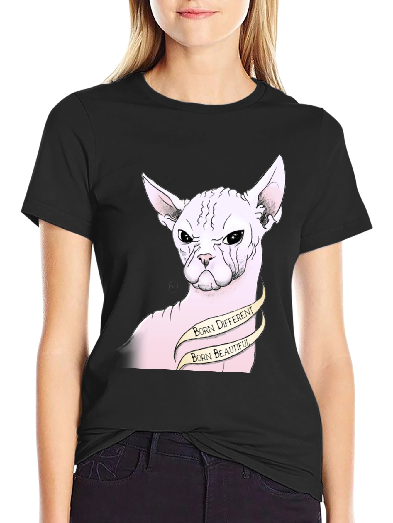 Black Unique Sphynx Cat Graphic Tee - Born Different, Beautiful view 2