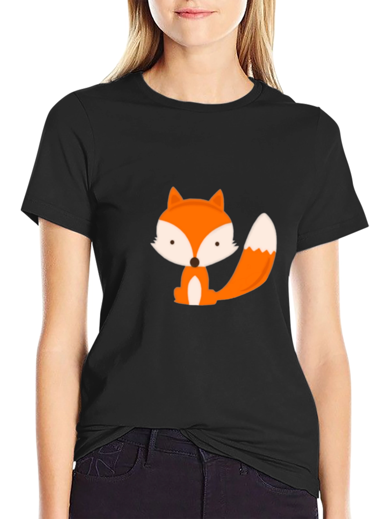 Black Cute Cartoon Fox Graphic Tee - Black view 2