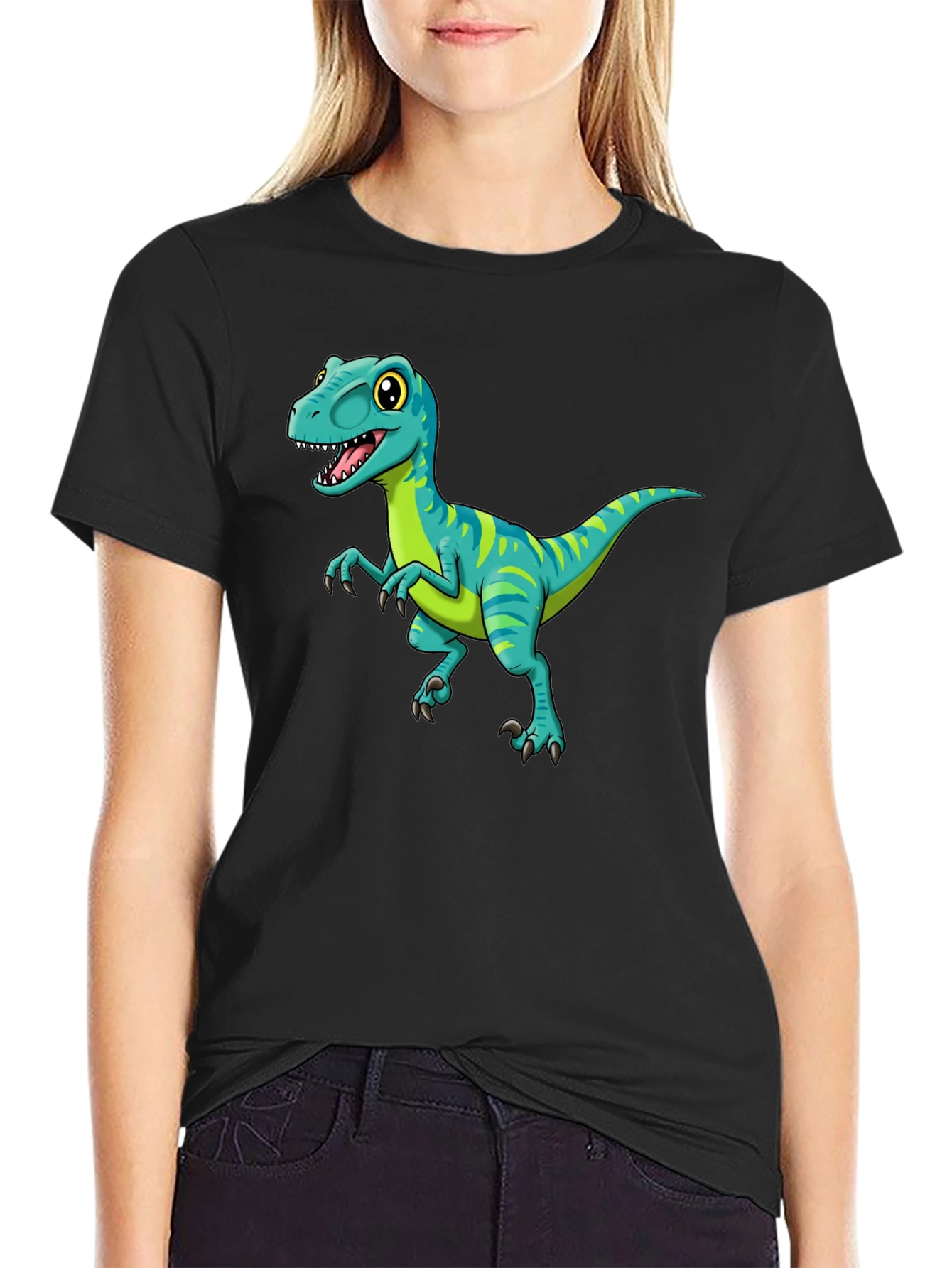 Black Cartoon Dinosaur Graphic Tee - Black view 2