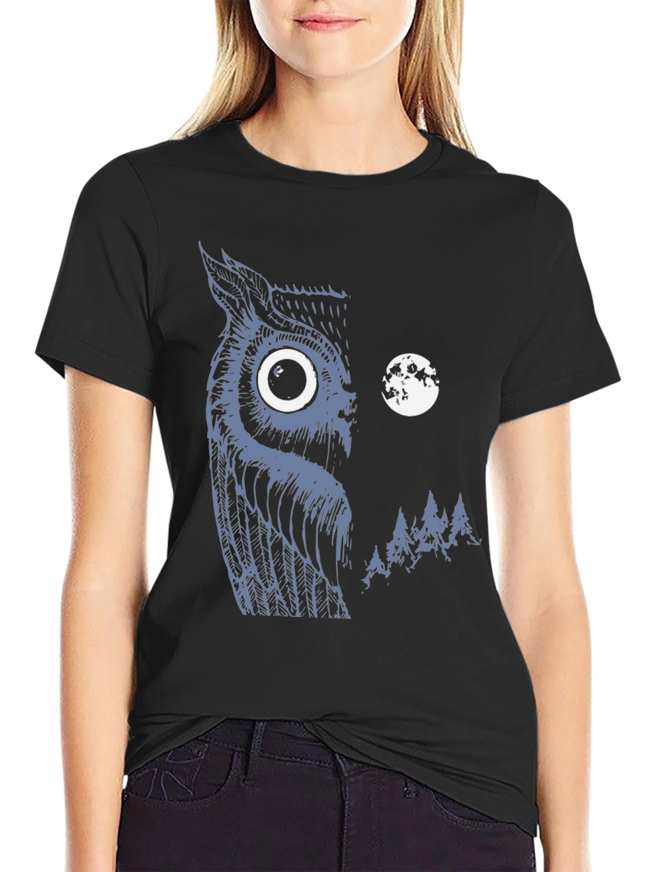 Black Owl & Moon Graphic Black T-Shirt view 2