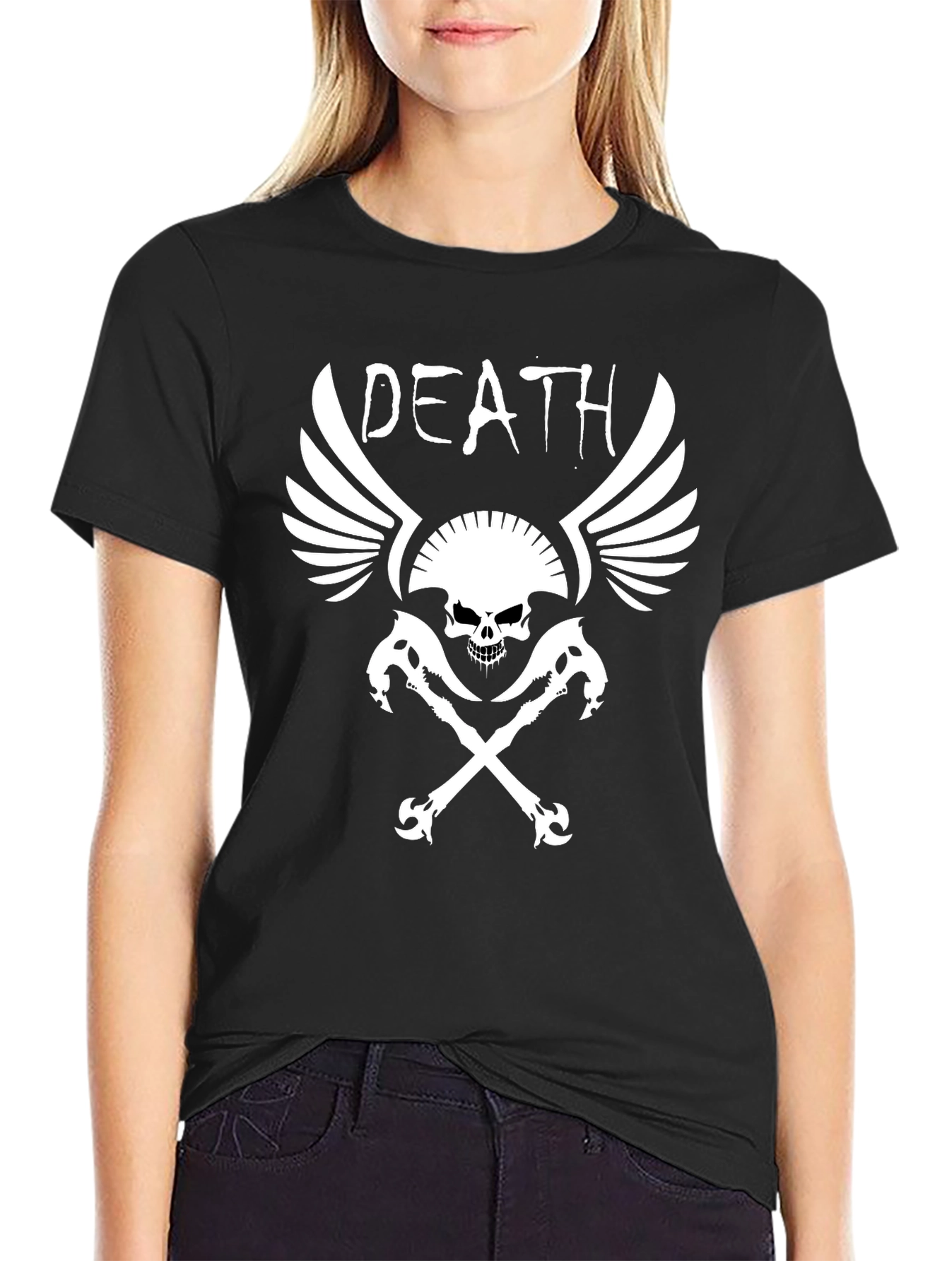 Black Death Skull Graphic Print Black T-Shirt view 2