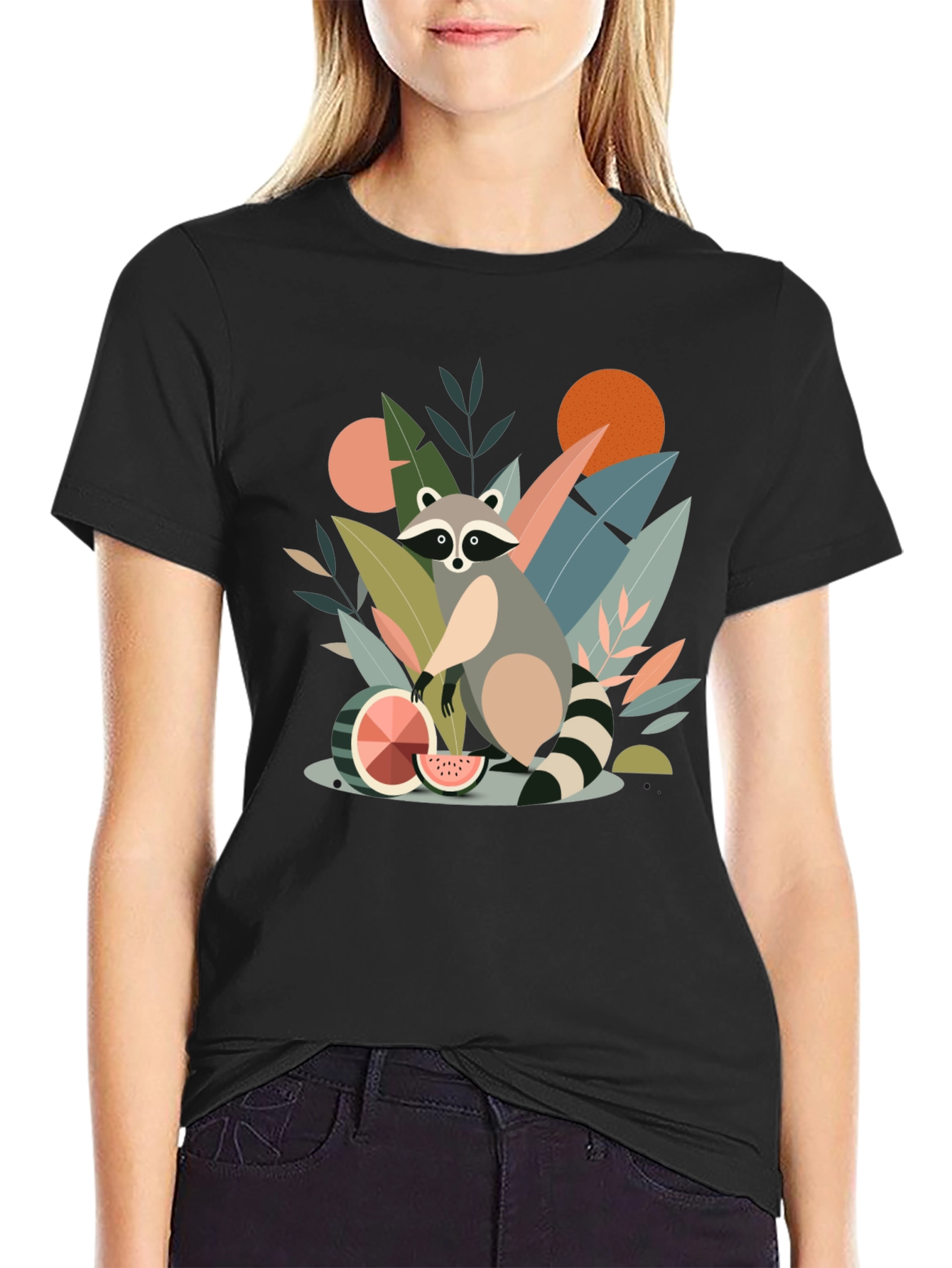 Black Whimsical Raccoon Graphic T-Shirt - Unique Design view 2