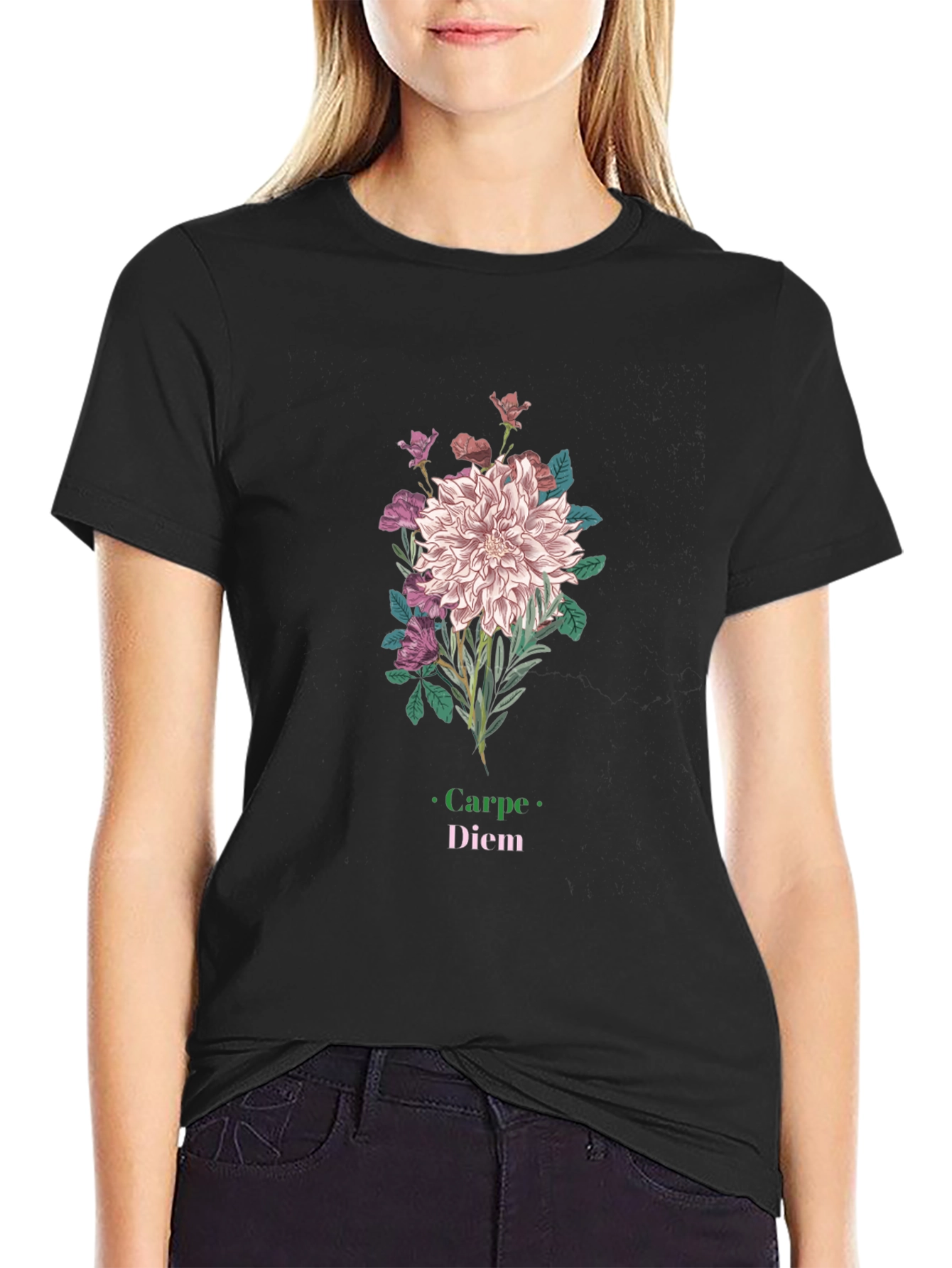 Black Floral Carpe Diem Graphic Black T-Shirt view 2