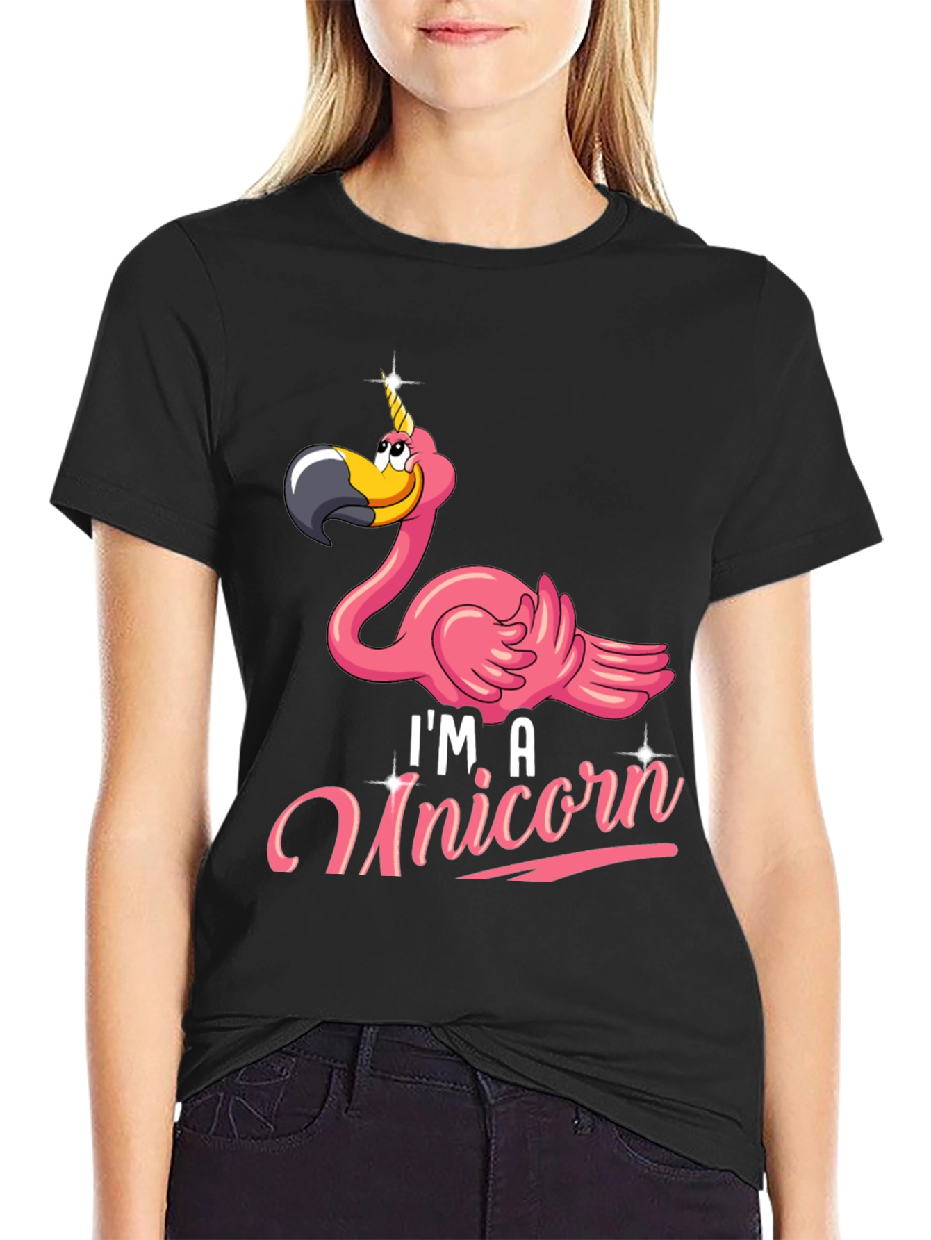 Black Funny Flamingo Unicorn Men's Black T-Shirt view 2
