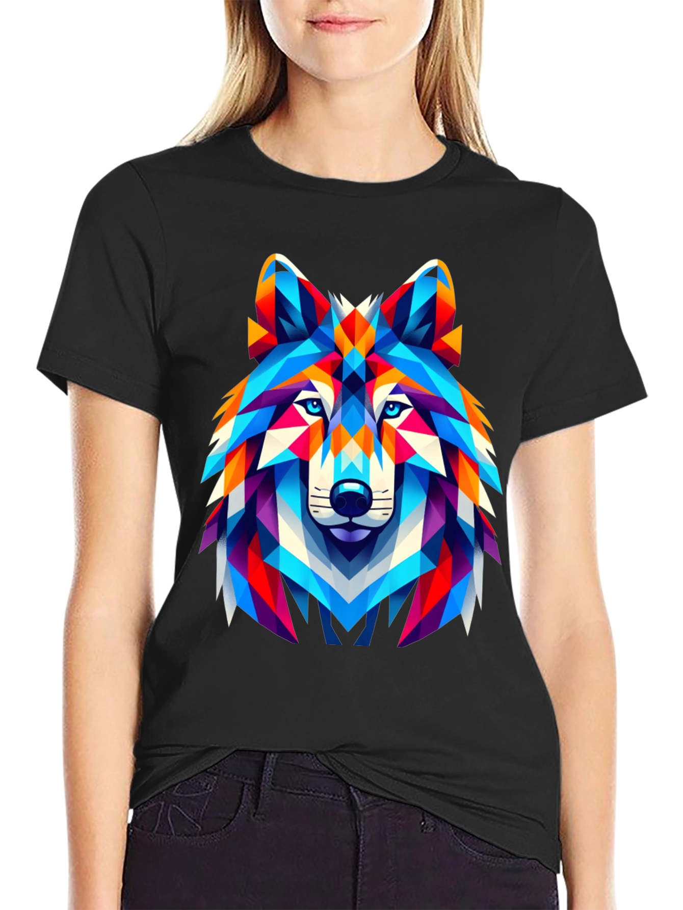 Black Geometric Wolf Head Graphic T-Shirt - Black view 2