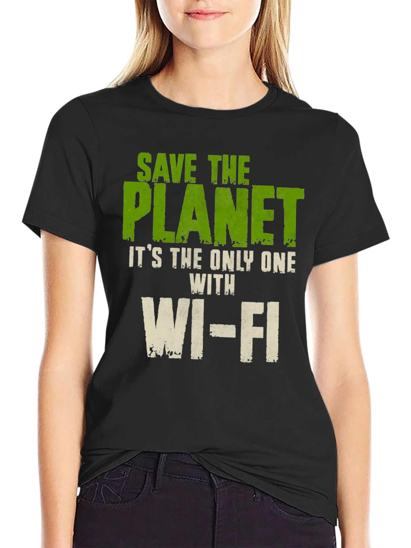 Black Save the Planet T-Shirt - Wi-Fi Humor Tee view 2