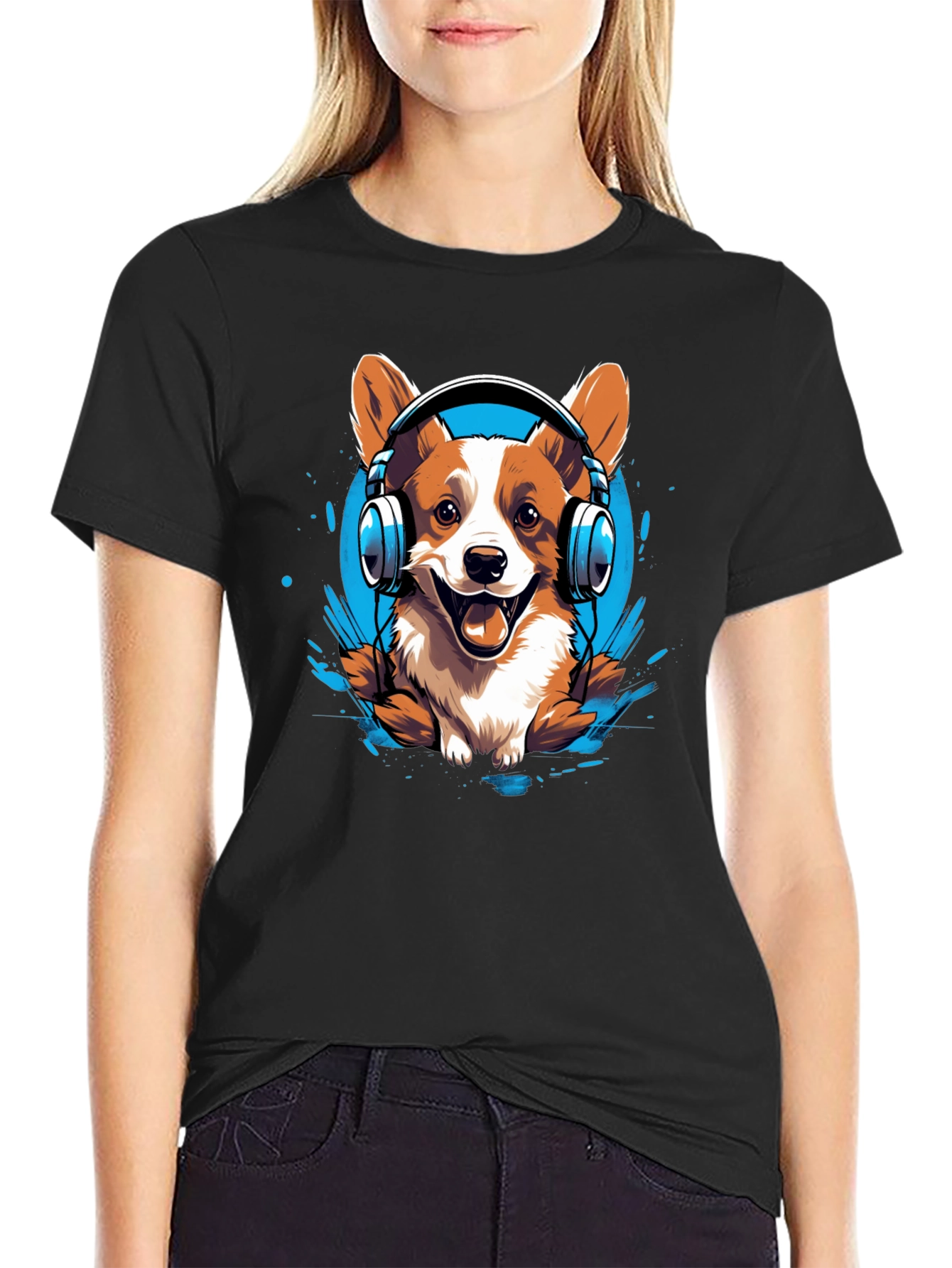 Black Corgi Headphones Graphic Tee view 2