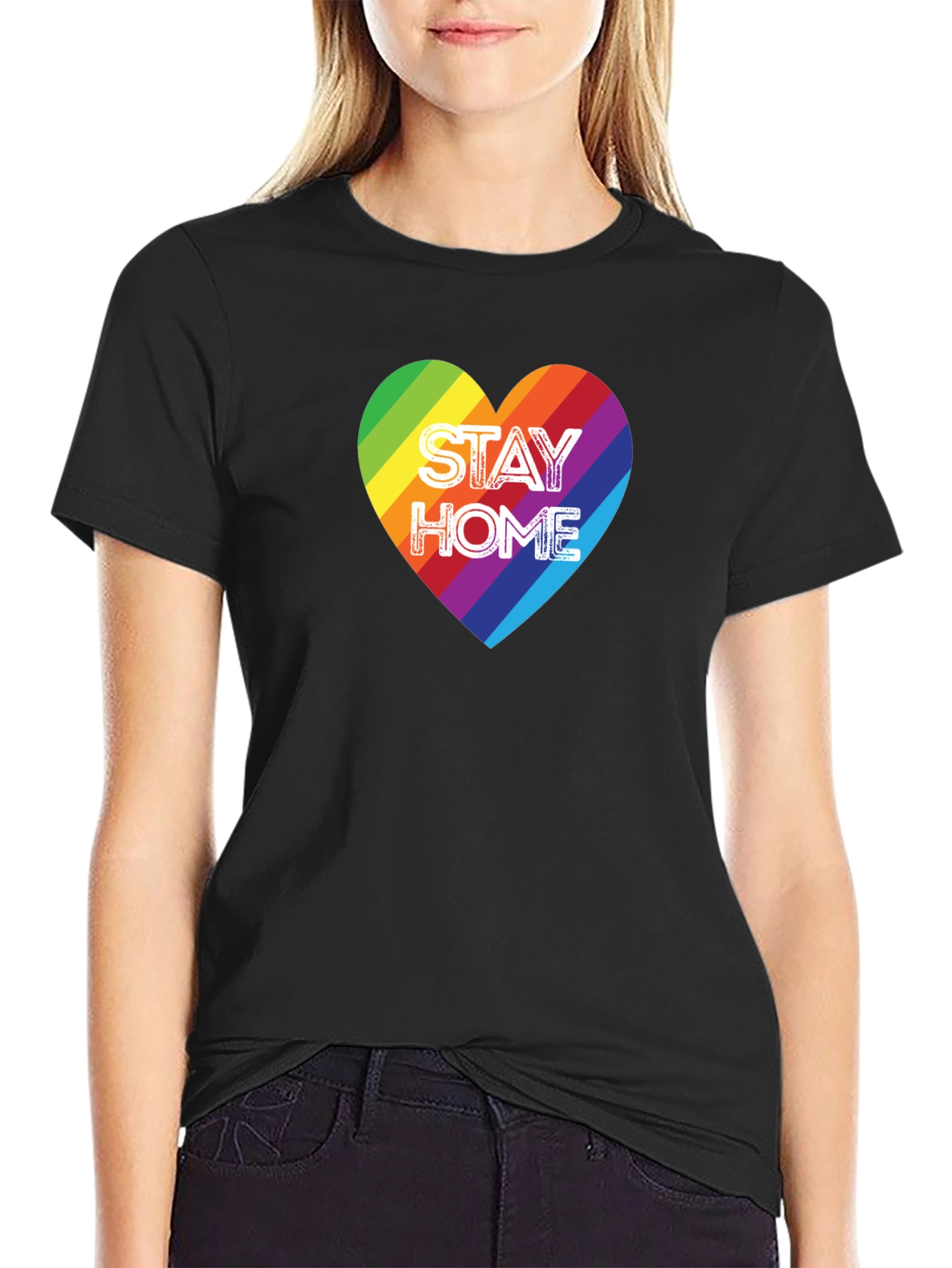 Black Stay Home Rainbow Heart Graphic Tee - Black Cotton T-Shirt view 2