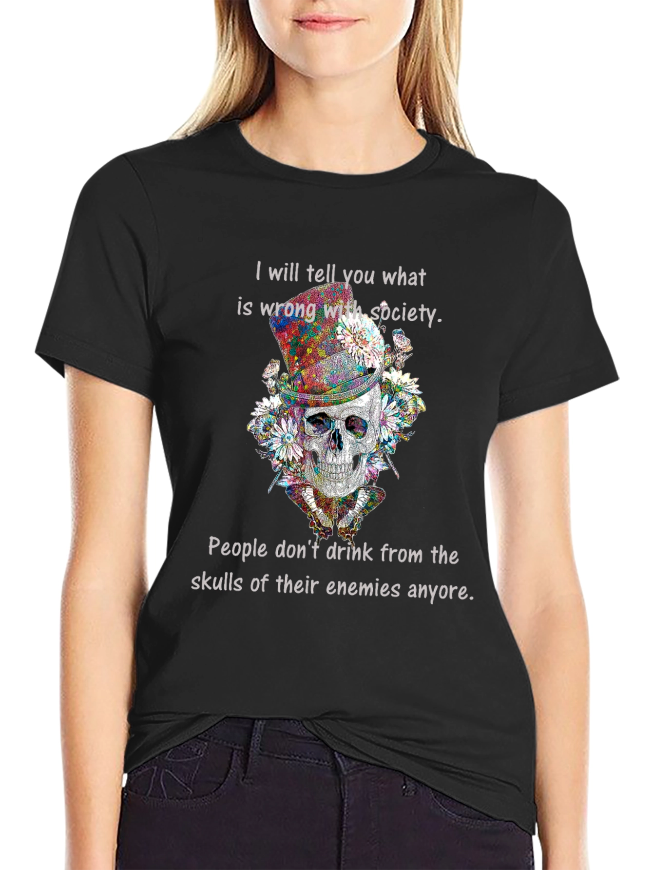 Black Skull & Flowers Graphic Tee - "What's Wrong with Society" view 2