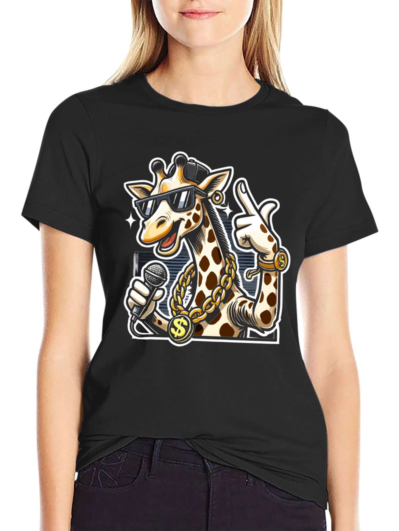 Black Rapper Giraffe T-Shirt - Funny Cartoon Graphic Tee view 2