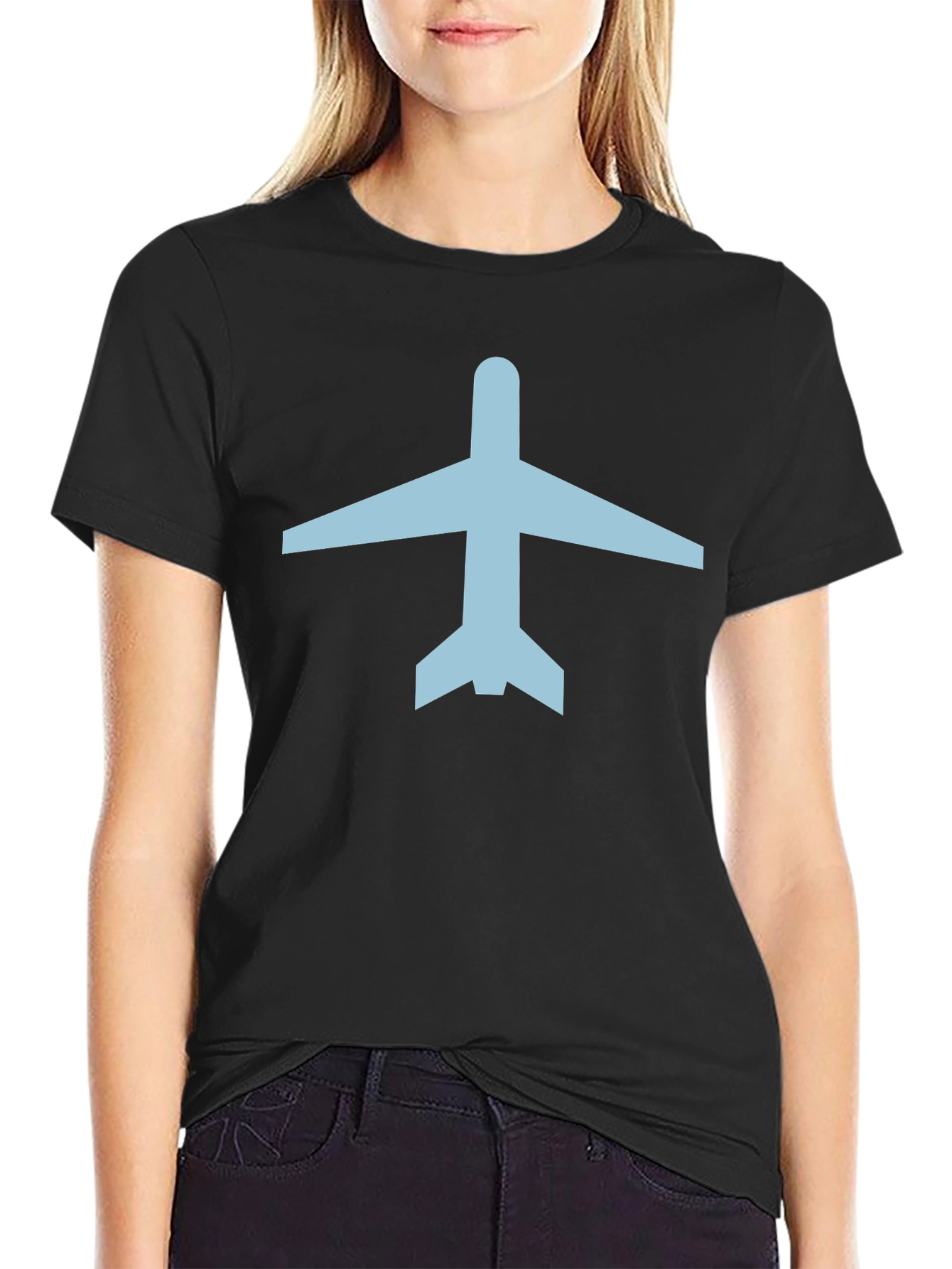 Black Airplane Graphic Tee - Black Cotton Crew Neck T-Shirt view 2