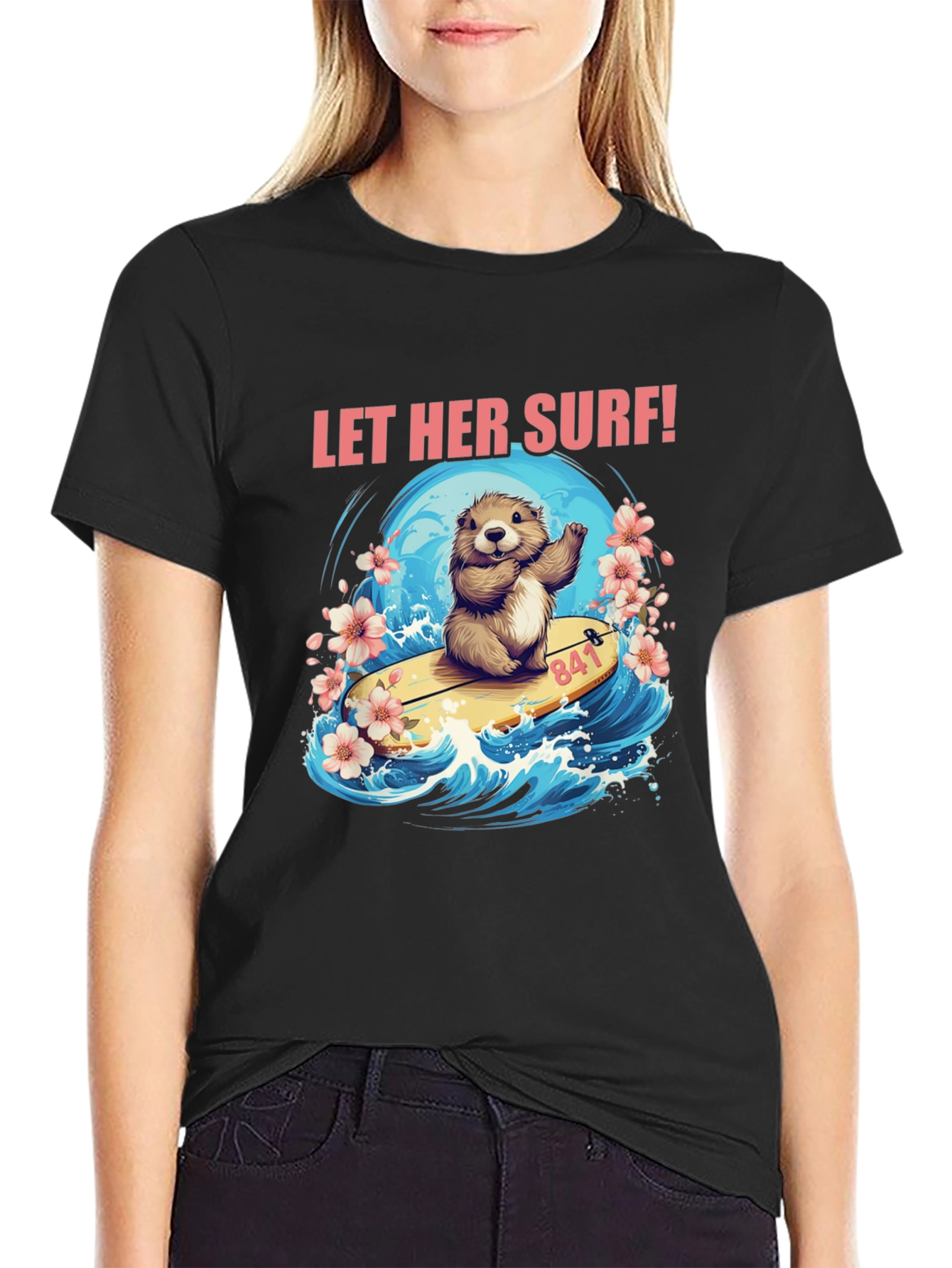 Black Let Her Surf! Graphic T-Shirt view 2