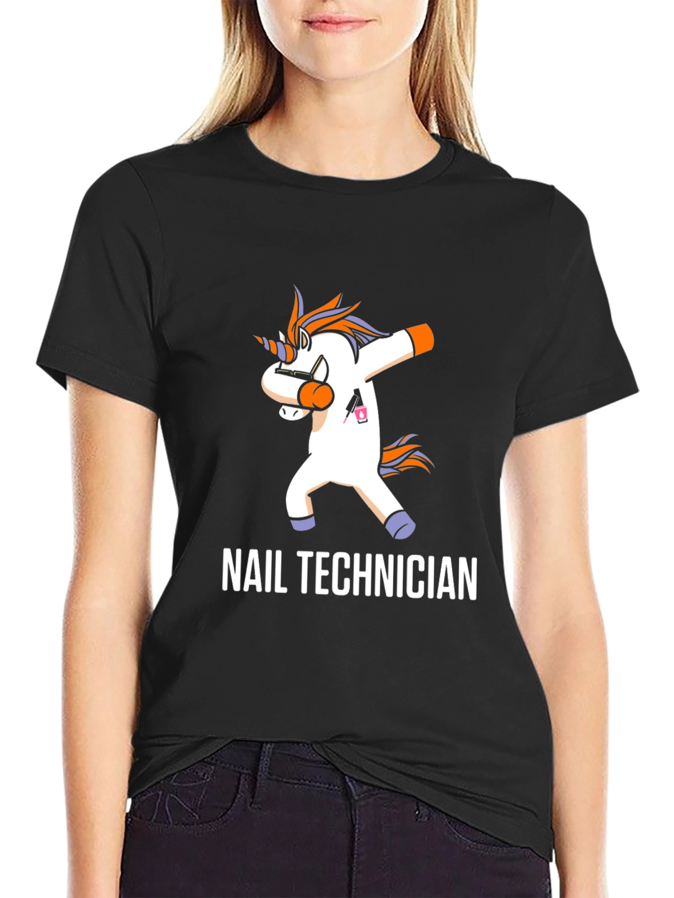 Black Nail Technician Dabbing Unicorn T-Shirt view 2