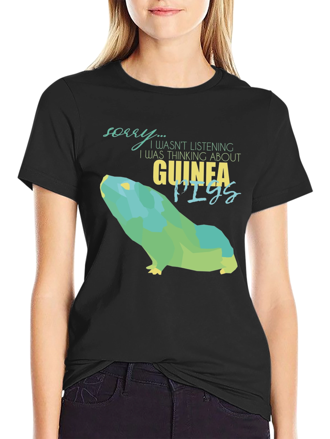 Black Guinea Pig Lover Graphic Tee - Sorry Not Listening T-Shirt view 2