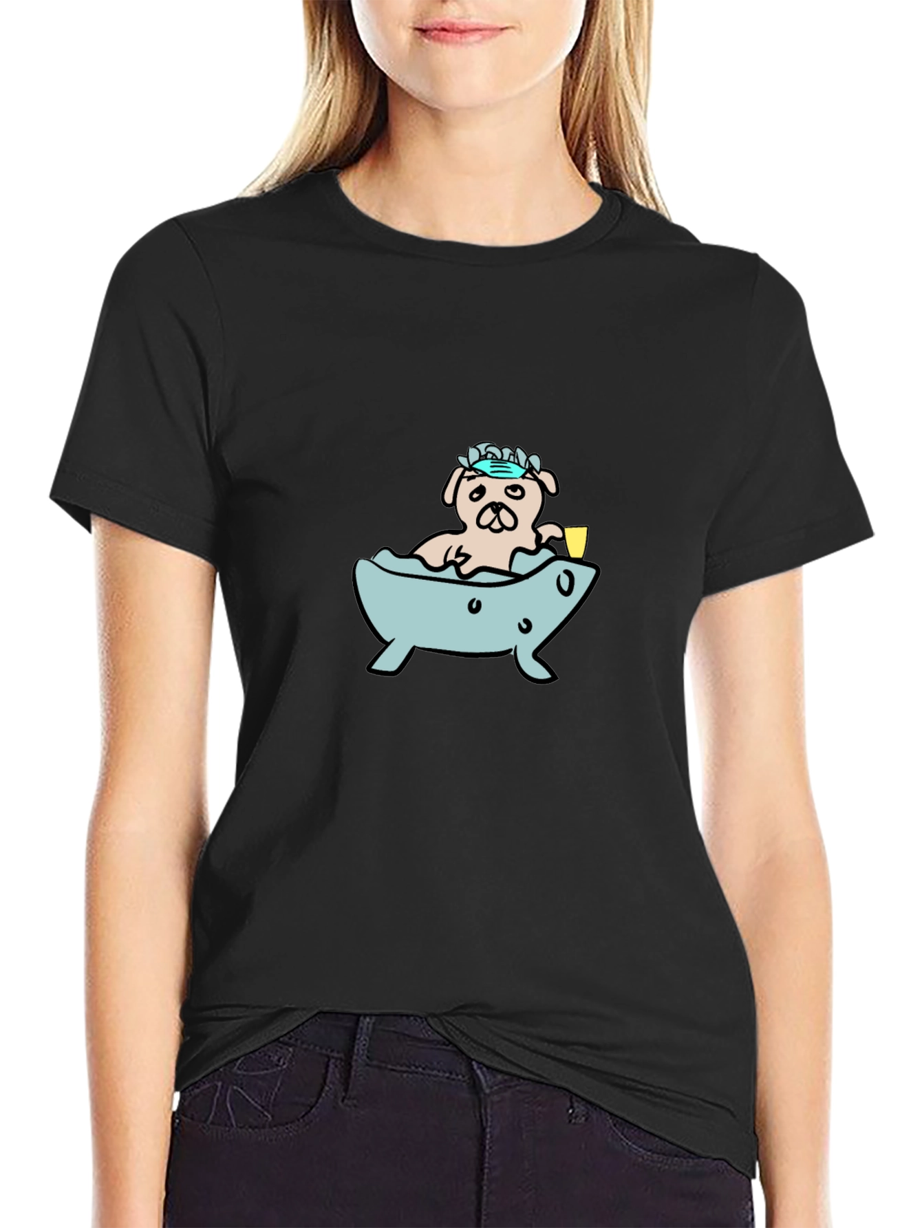 Black Pug in Tub T-Shirt - Cartoon Dog Tee view 2