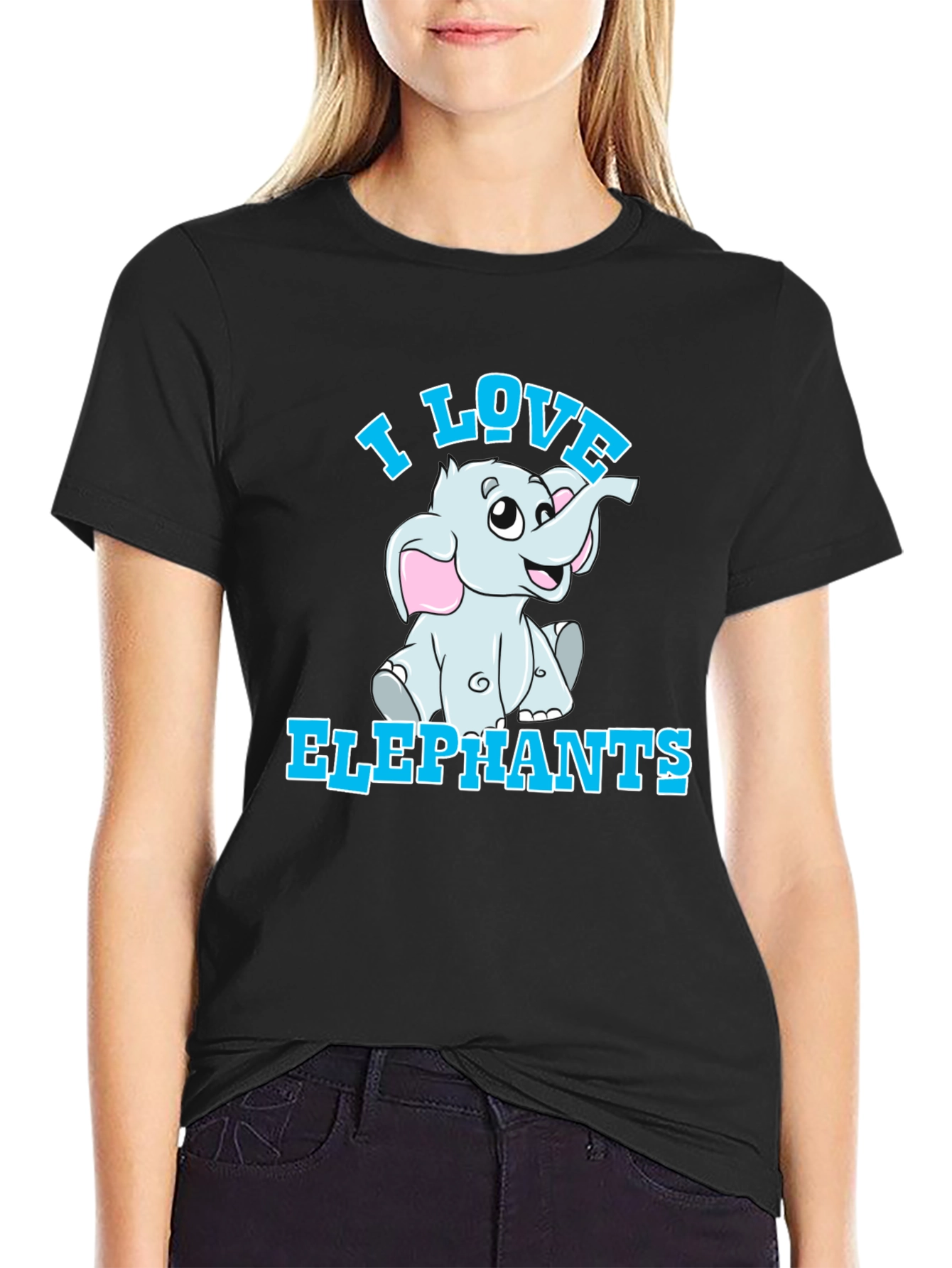 Black I Love Elephants T-Shirt - Cute Cartoon Graphic Tee view 2