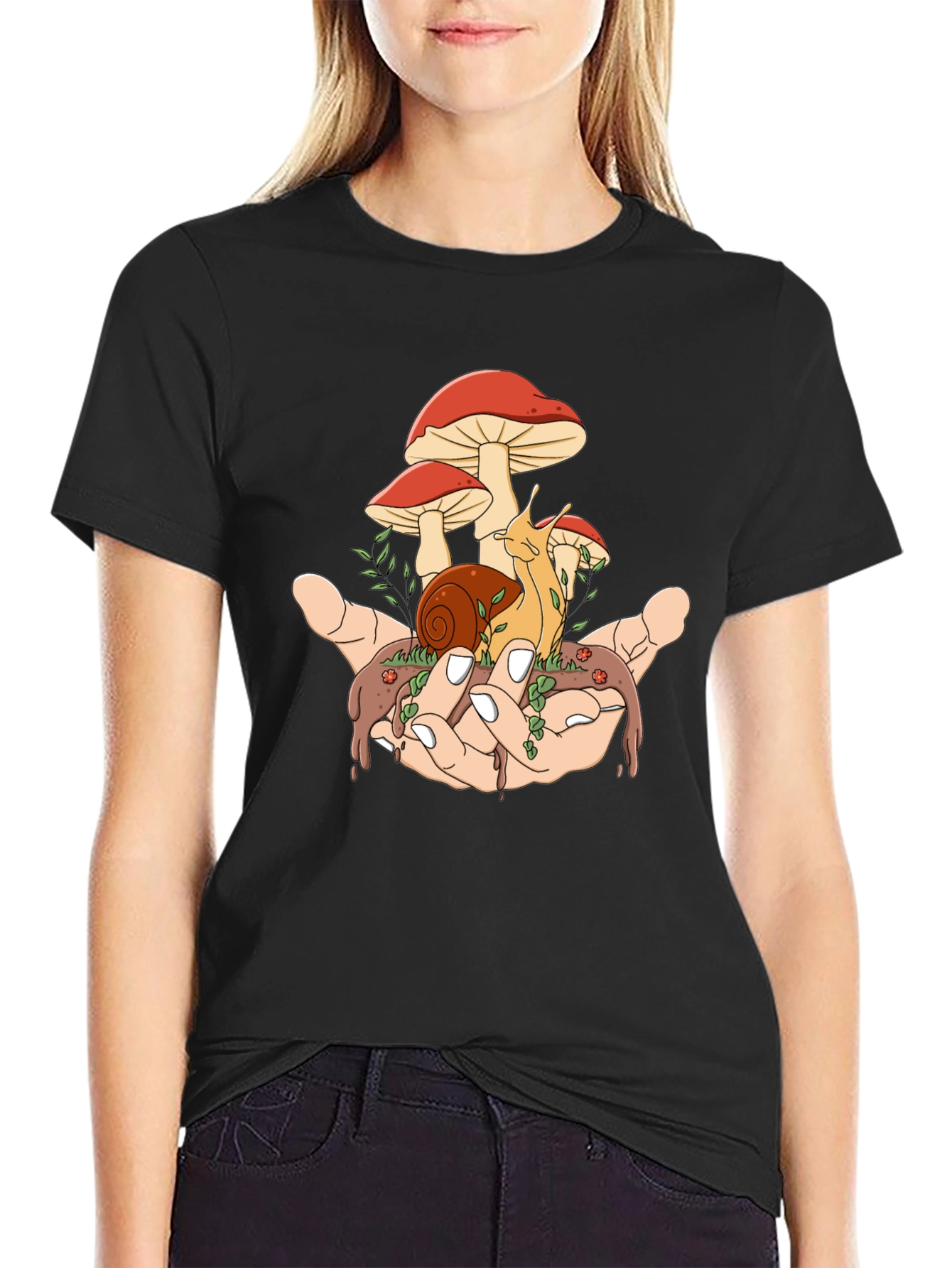 Black Mushroom Snail Hand Graphic T-Shirt view 2