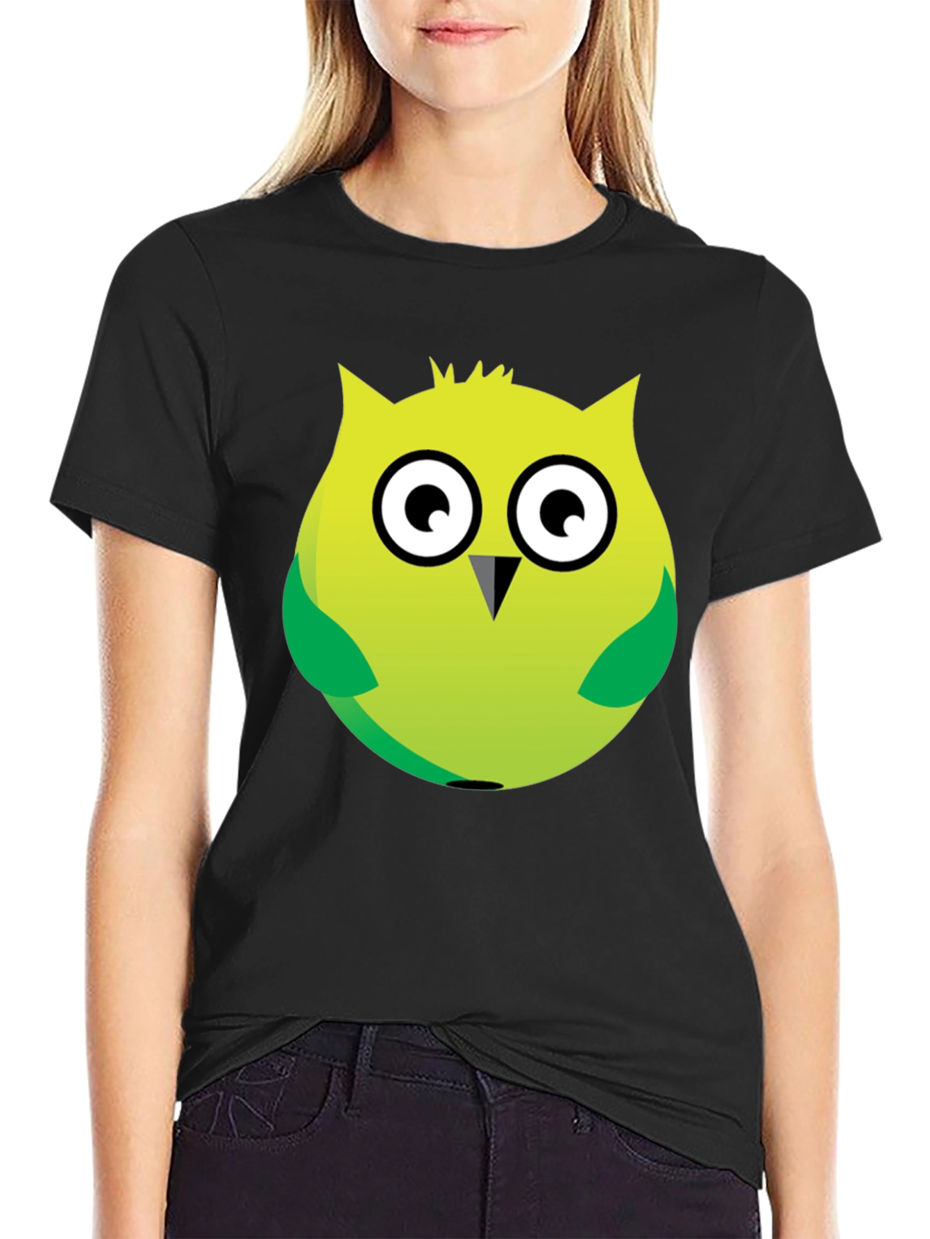 Black Cartoon Owl Graphic Tee - Soft Black Cotton Blend view 2