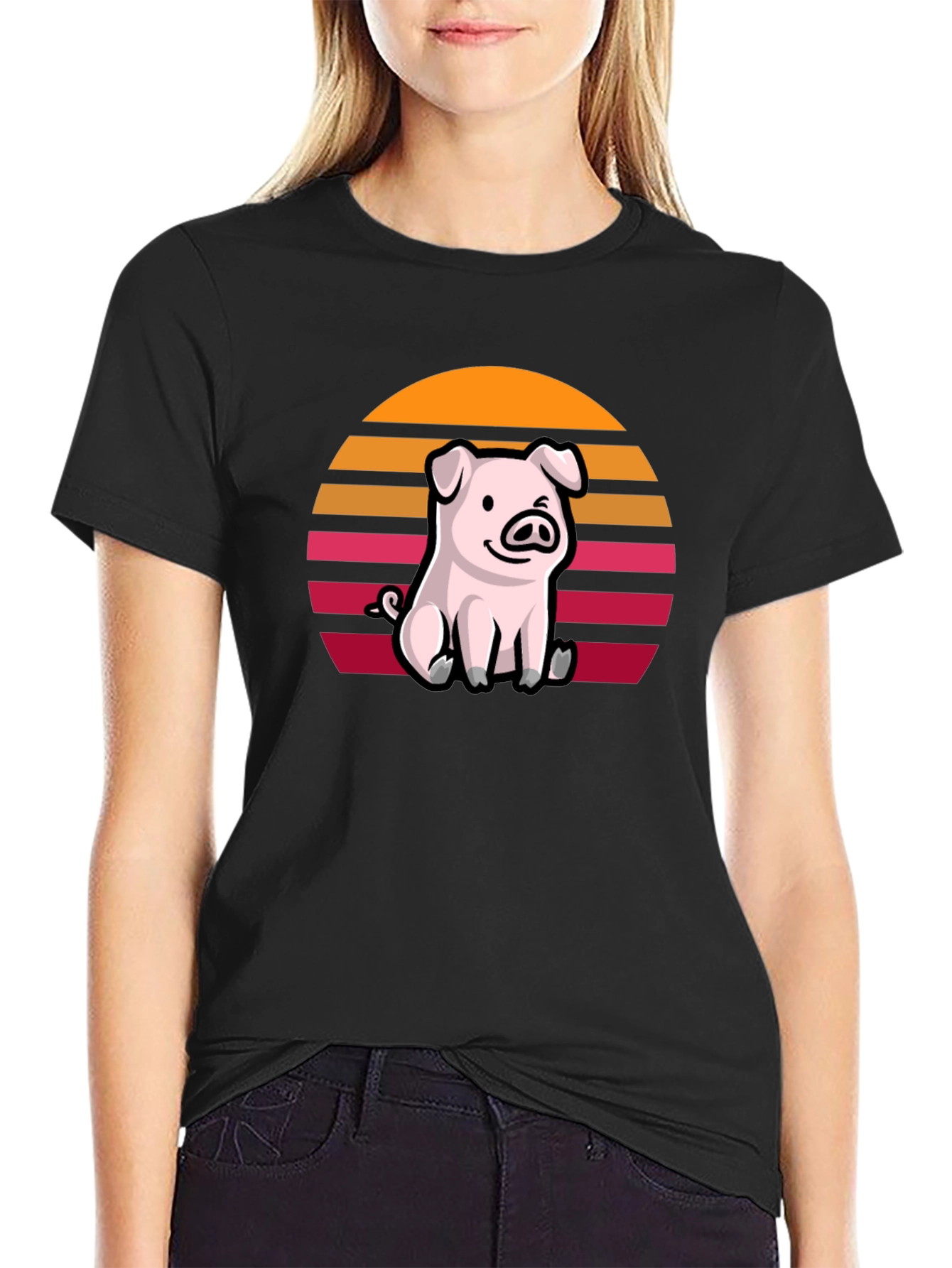 Black Cute Pig Sunset Graphic T-Shirt view 2