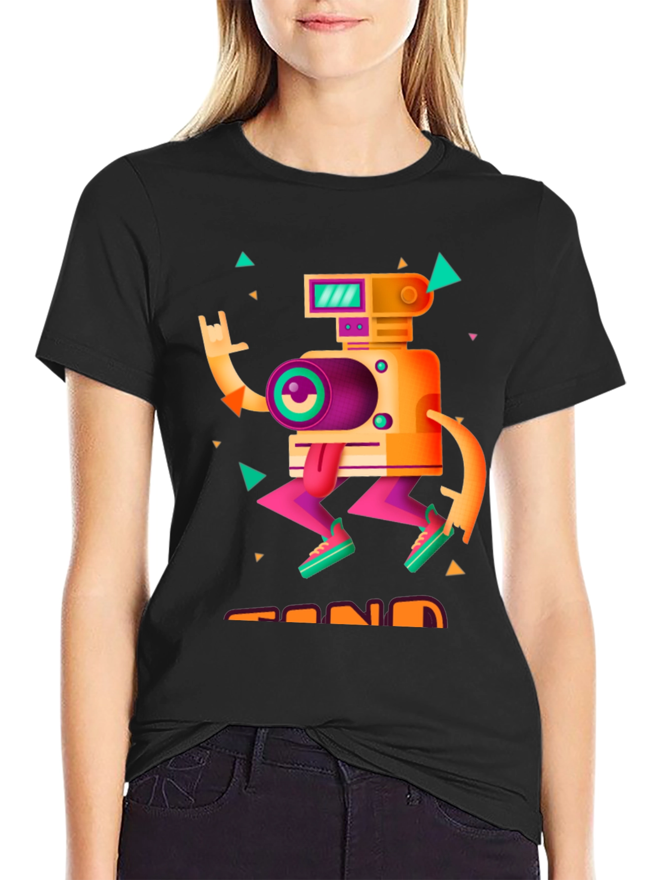 Black Retro Robot Graphic Tee - Black Cotton T-Shirt view 2
