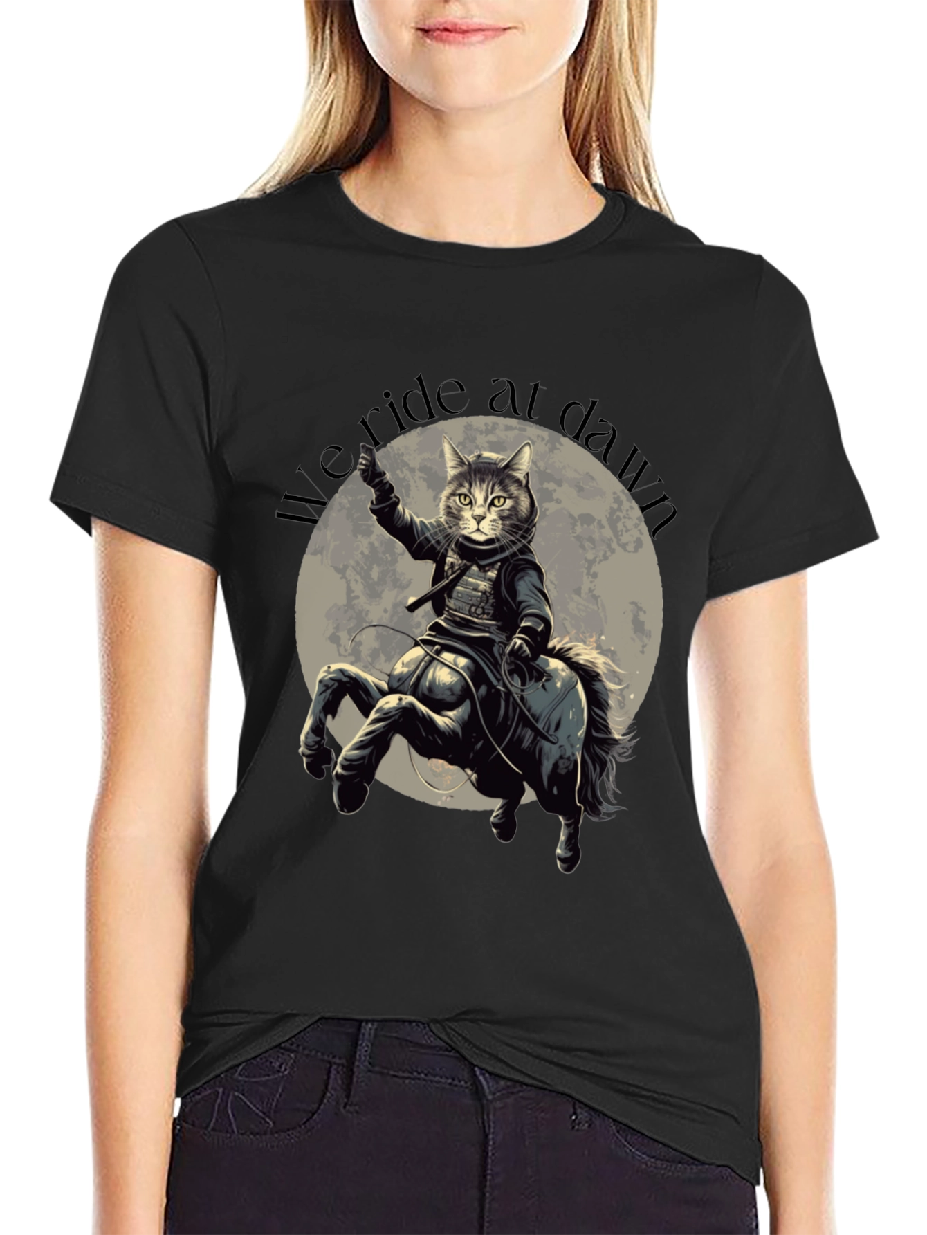 Black We Ride at Dawn Cat Centaur Graphic T-Shirt view 2