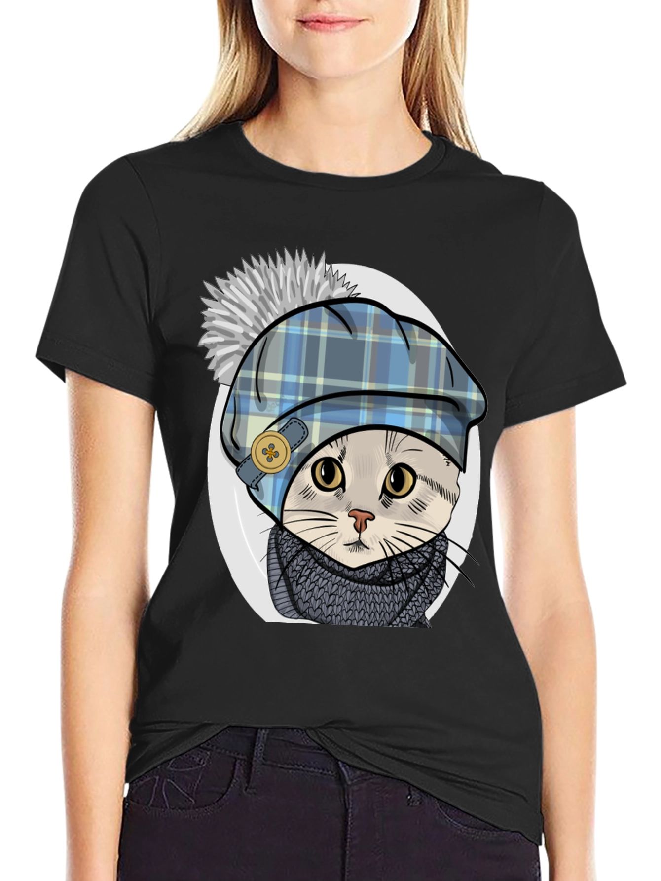 Black Cat in Tartan Hat T-Shirt - Whimsical Comfort view 2