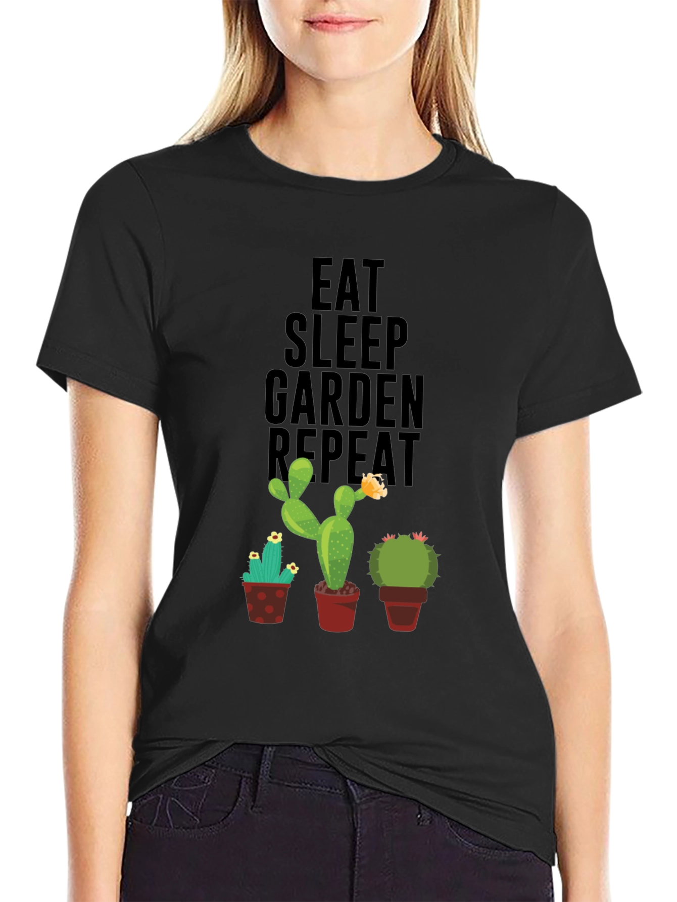 Black Eat Sleep Garden Repeat Cactus Graphic Tee view 2