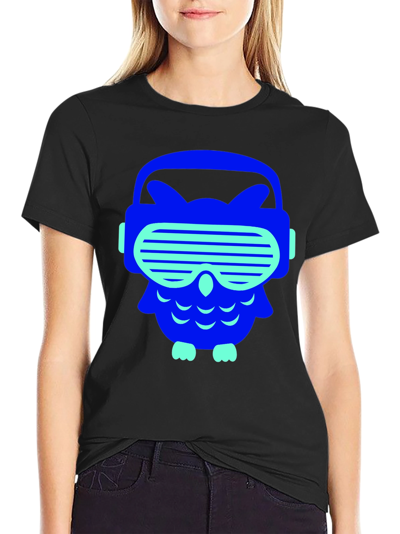 Black Cool Cyberpunk Owl Graphic Tee - Black Cotton T-Shirt view 2