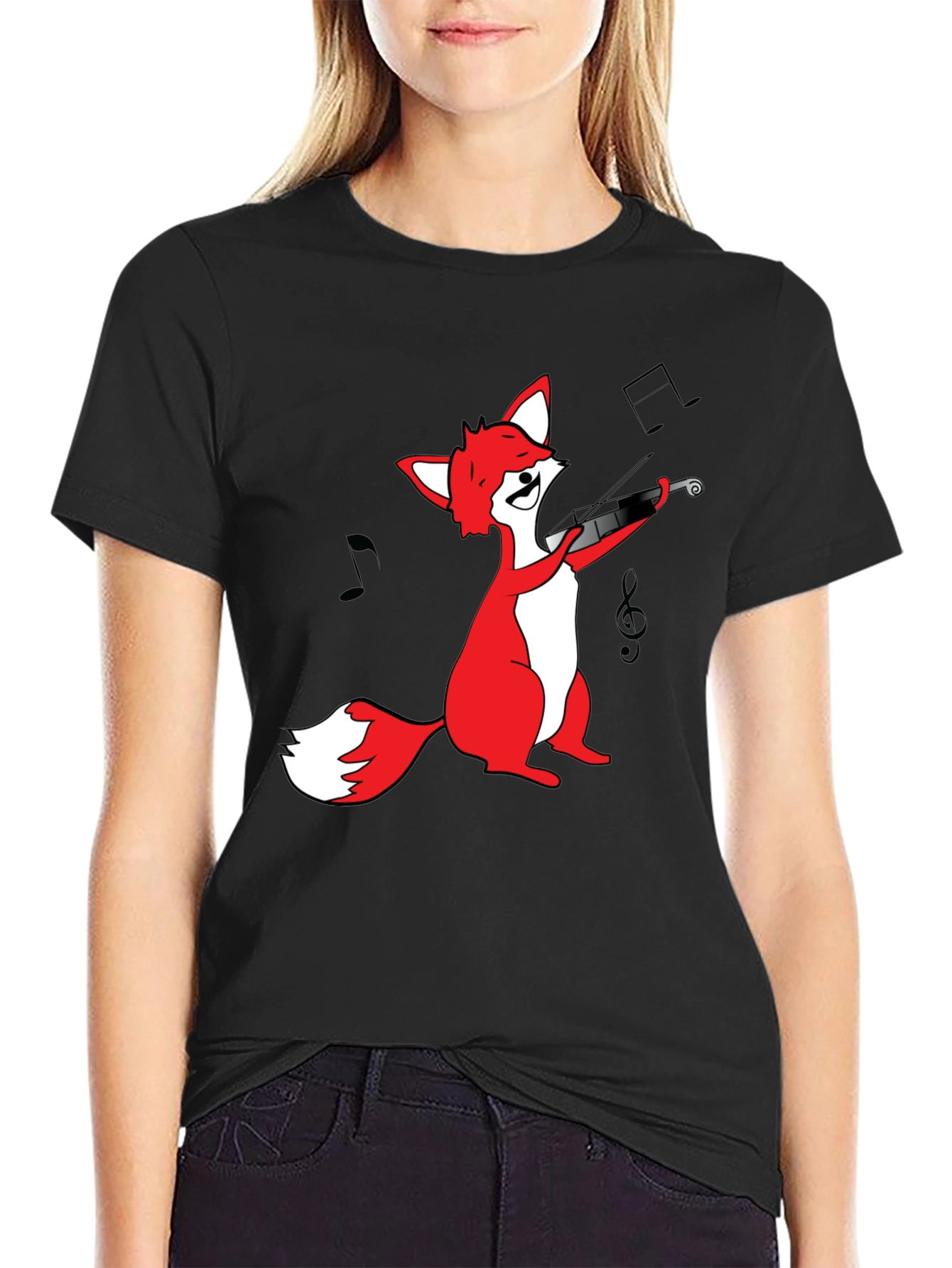 Black Fox Violinist T-Shirt - Black Graphic Tee view 2