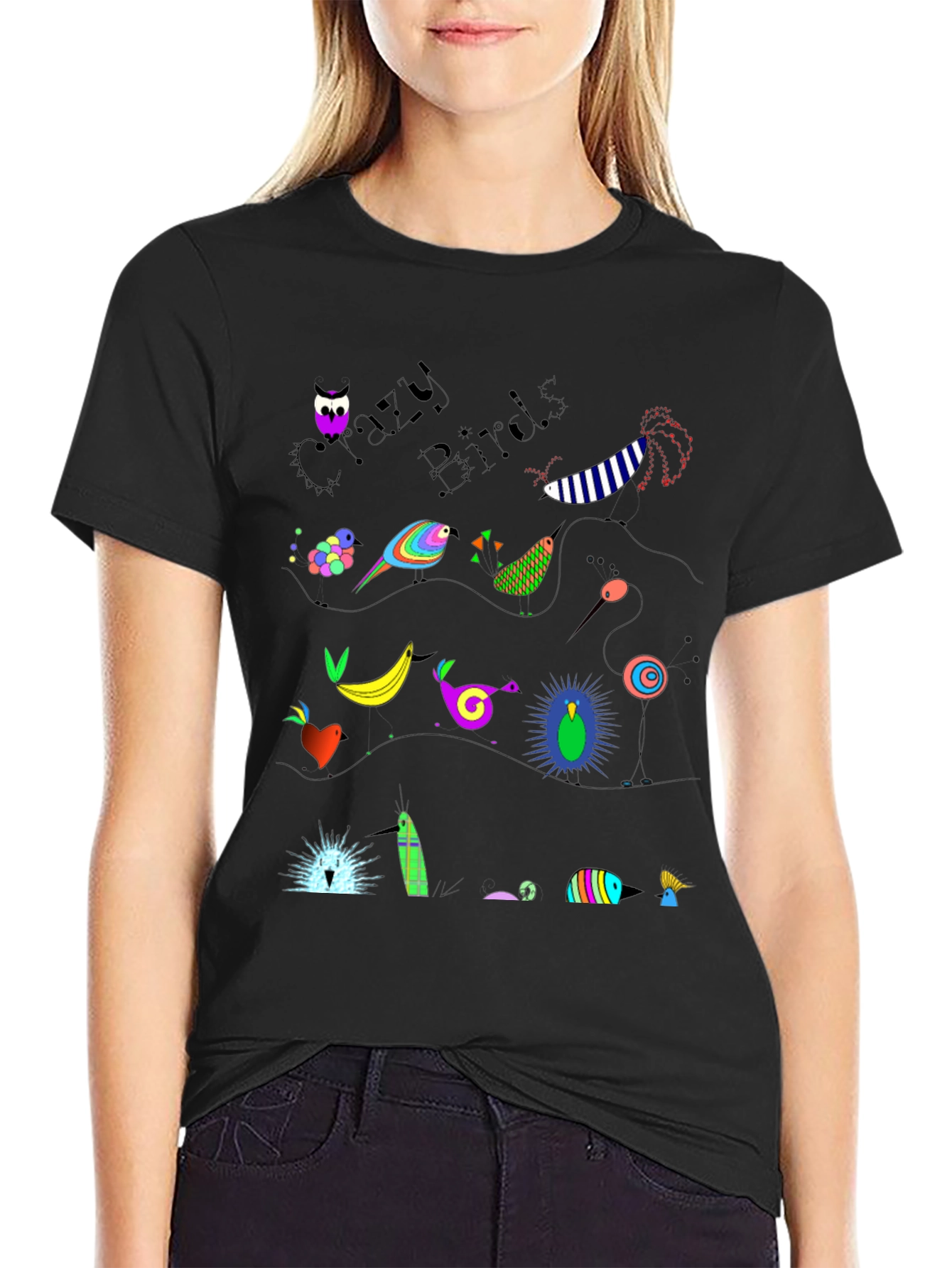 Black Crazy Birds Graphic T-Shirt view 2