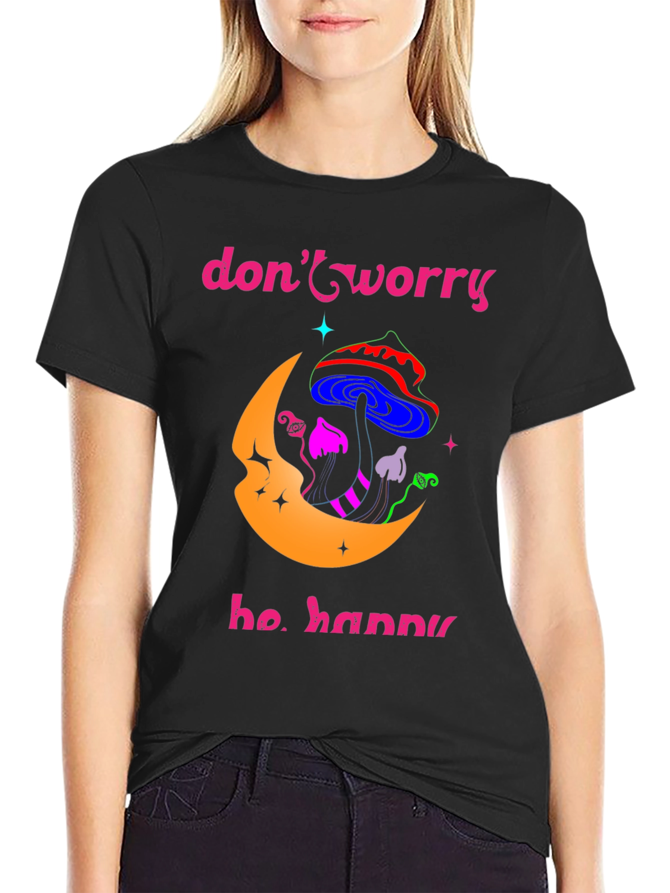 Black Don't Worry Be Happy Graphic T-Shirt view 2