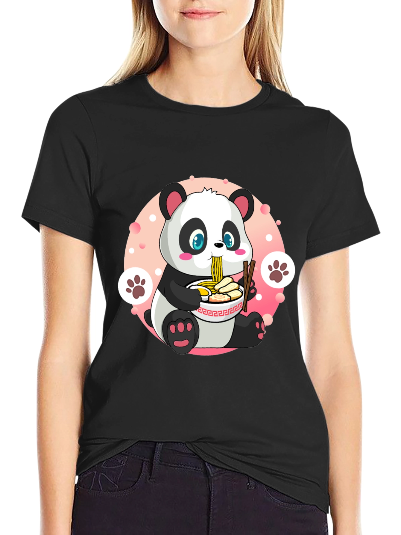 Black Cute Panda Ramen T-Shirt - Fun Anime Style view 2