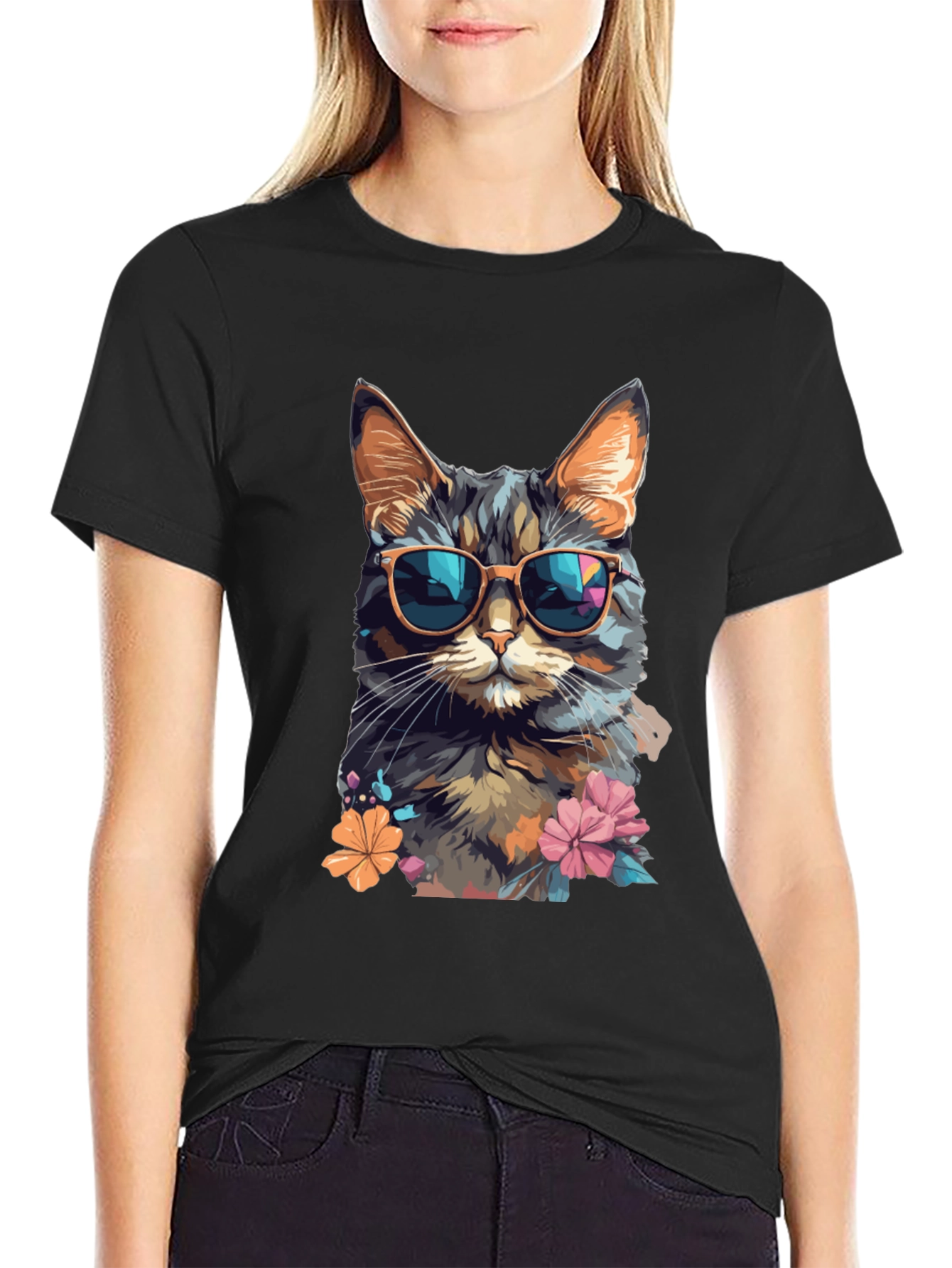 Black Cool Cat T-Shirt: Stylish Feline Design view 2