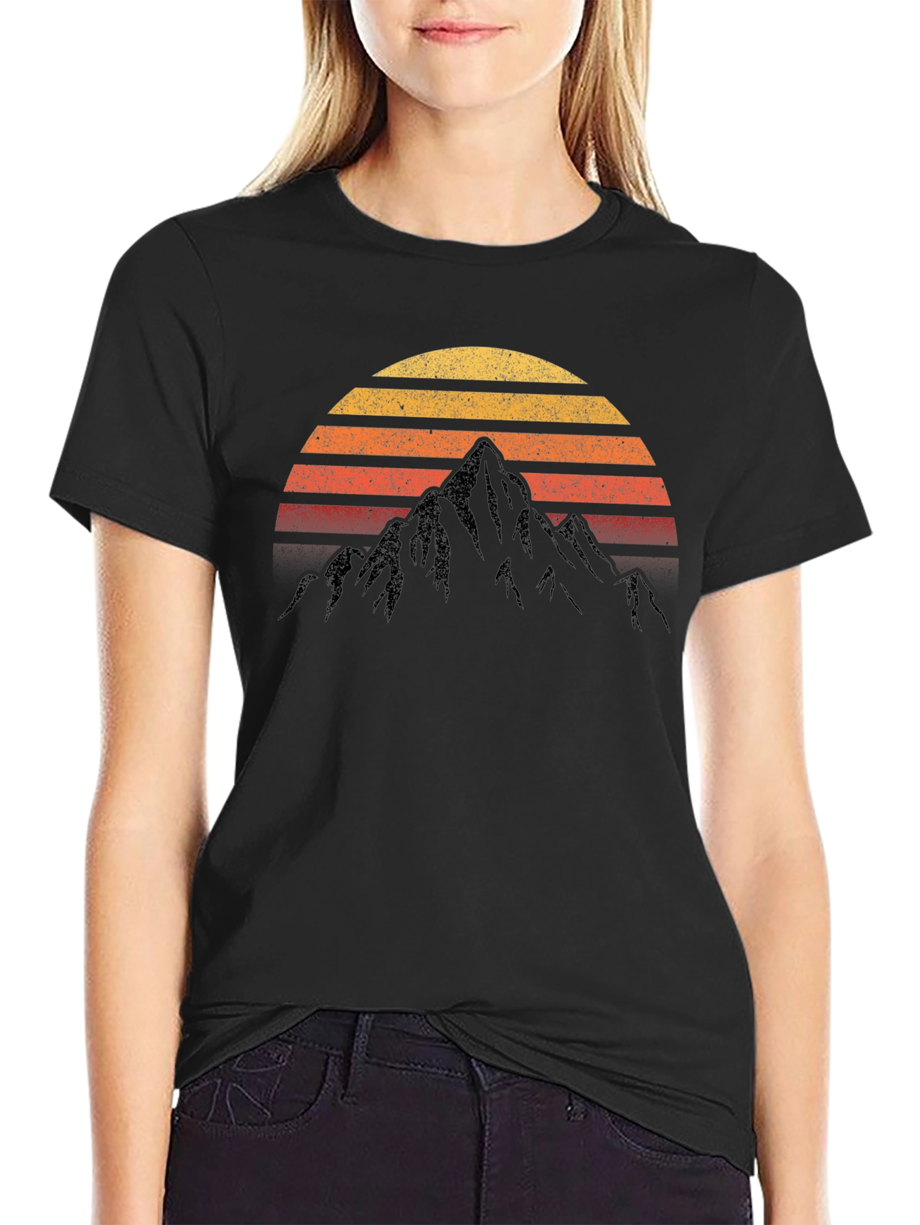 Black Retro Mountain Sunset T-Shirt view 2