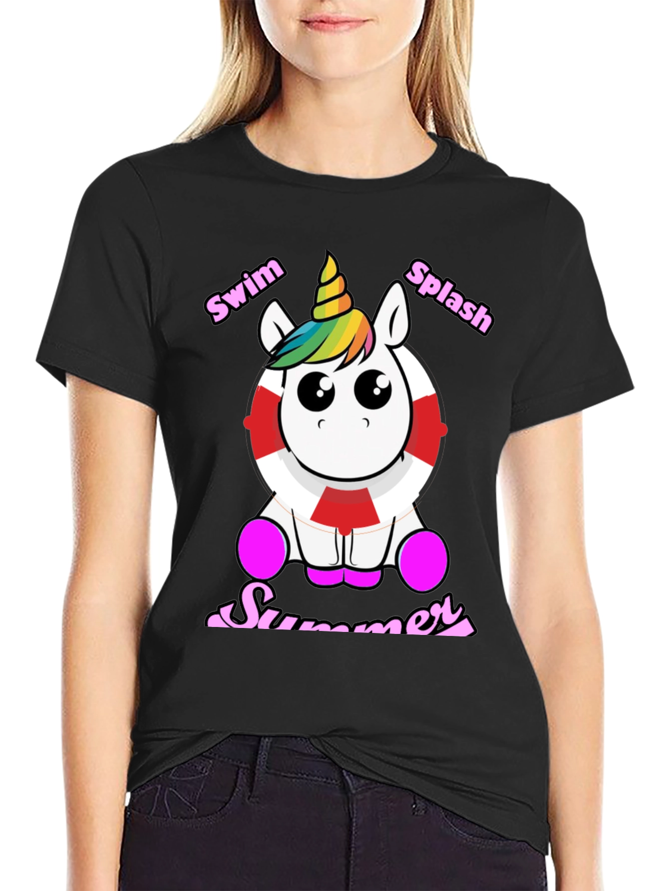 Black Swim Splash Summer Unicorn T-Shirt view 2