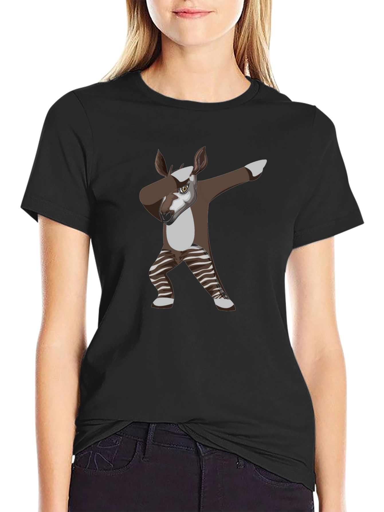 Black Dabbing Okapi Graphic Tee - Cool Animal T-Shirt view 2