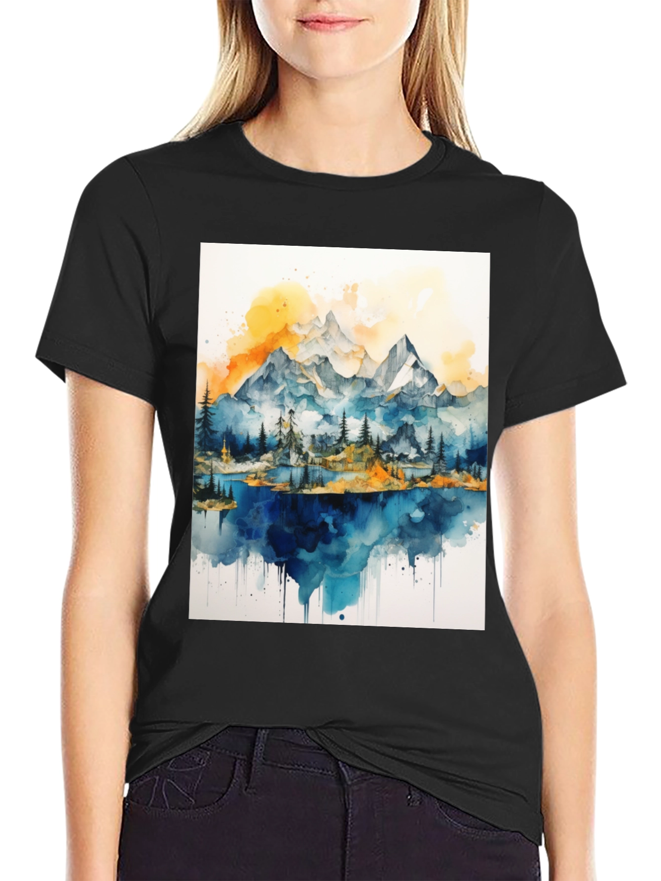 Black Watercolor Mountain Lake Graphic Tee view 2