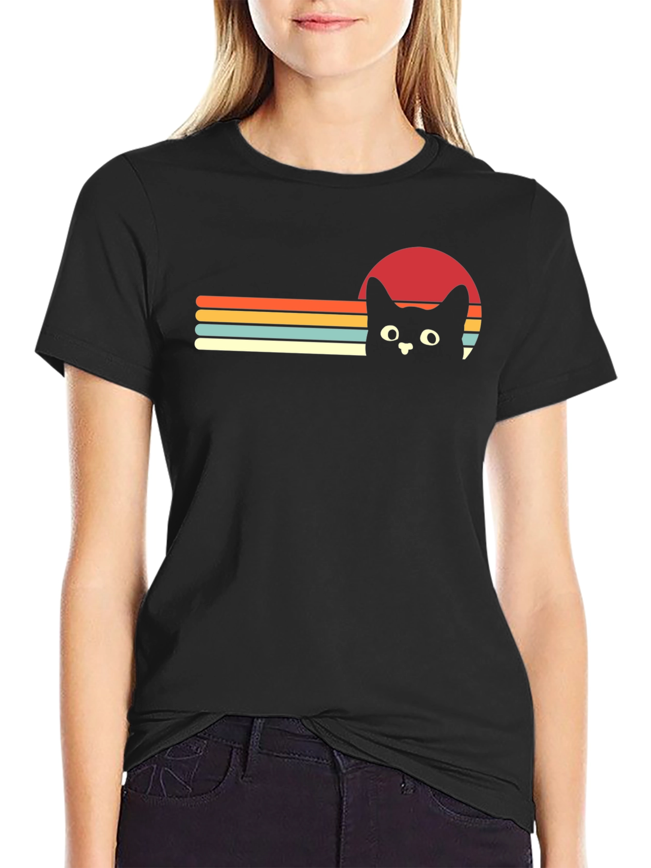 Black Retro Cat Sunset Graphic Tee - Black T-Shirt view 2