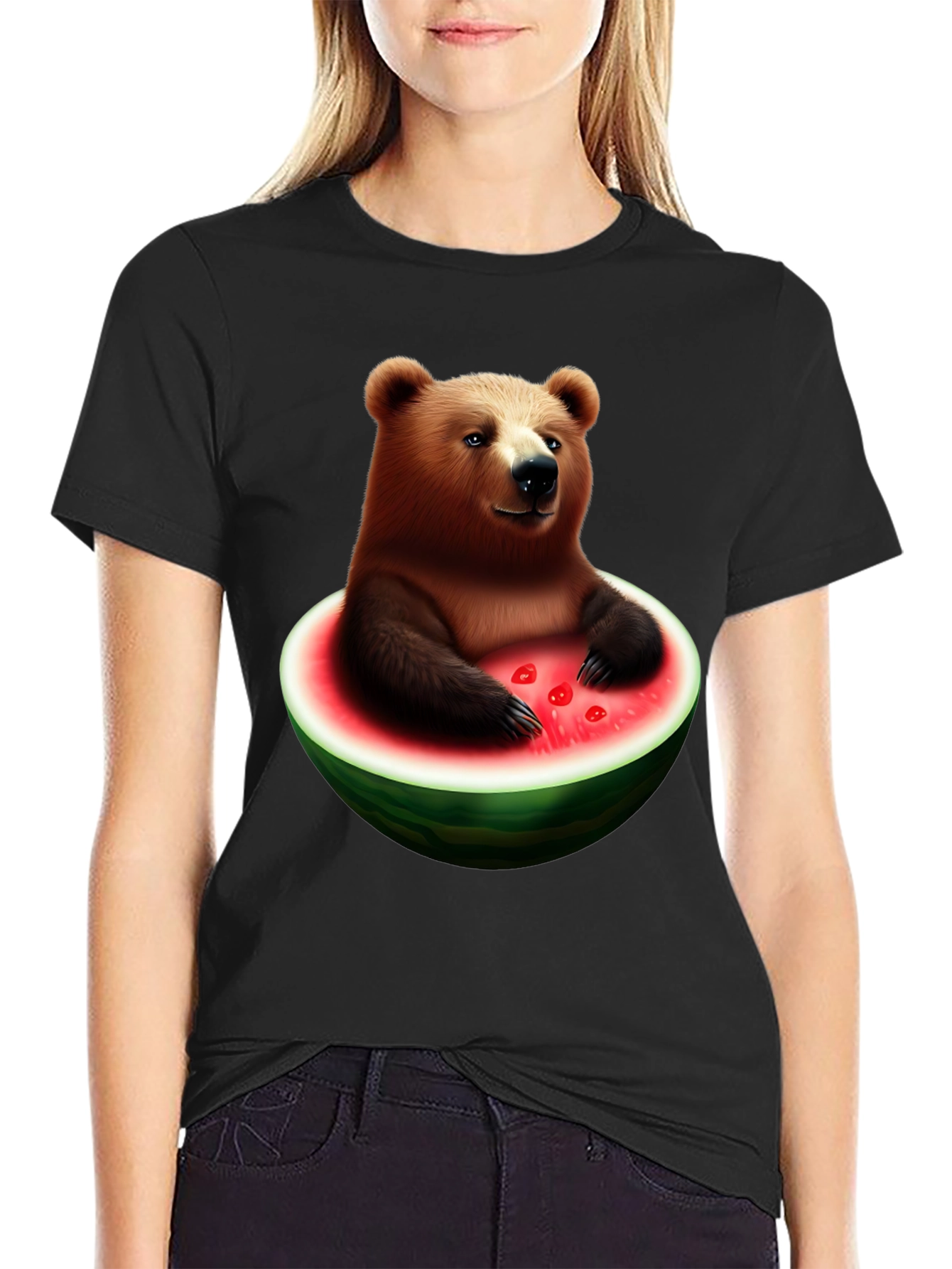 Black Bear in Watermelon Men's Black T-Shirt view 2
